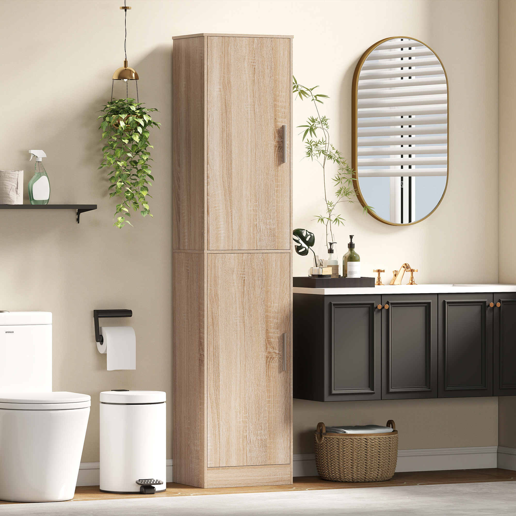 180 cm hoher Badezimmerschrank, schmaler Badschrank mit 2 Türen, 4 verstellbare Regale, Spanplatte, MDF, Naturholz