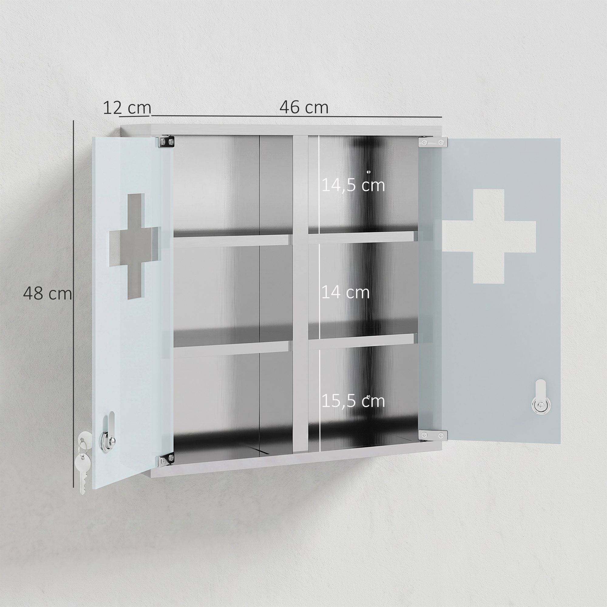 Medizinschrank, Abschließbarer Medikamentenschrank mit 2 Schlüsseln, Glastür und 6 Regalen, 48 x 46 x 12 cm, Silber