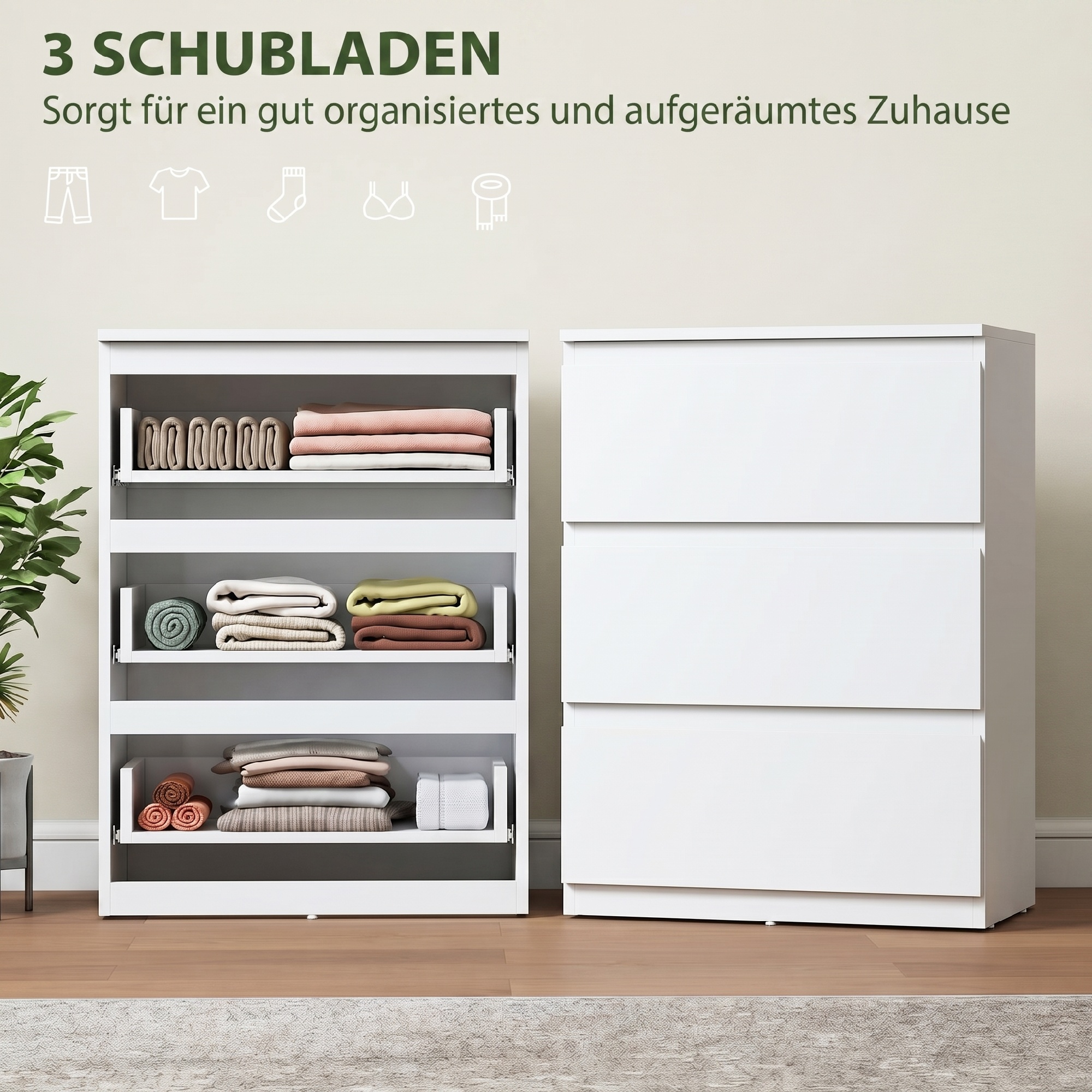 Kommode mit 3 Schubladen, Moderne Aufbewahrungsmöbel für das Schlafzimmer, Weiß