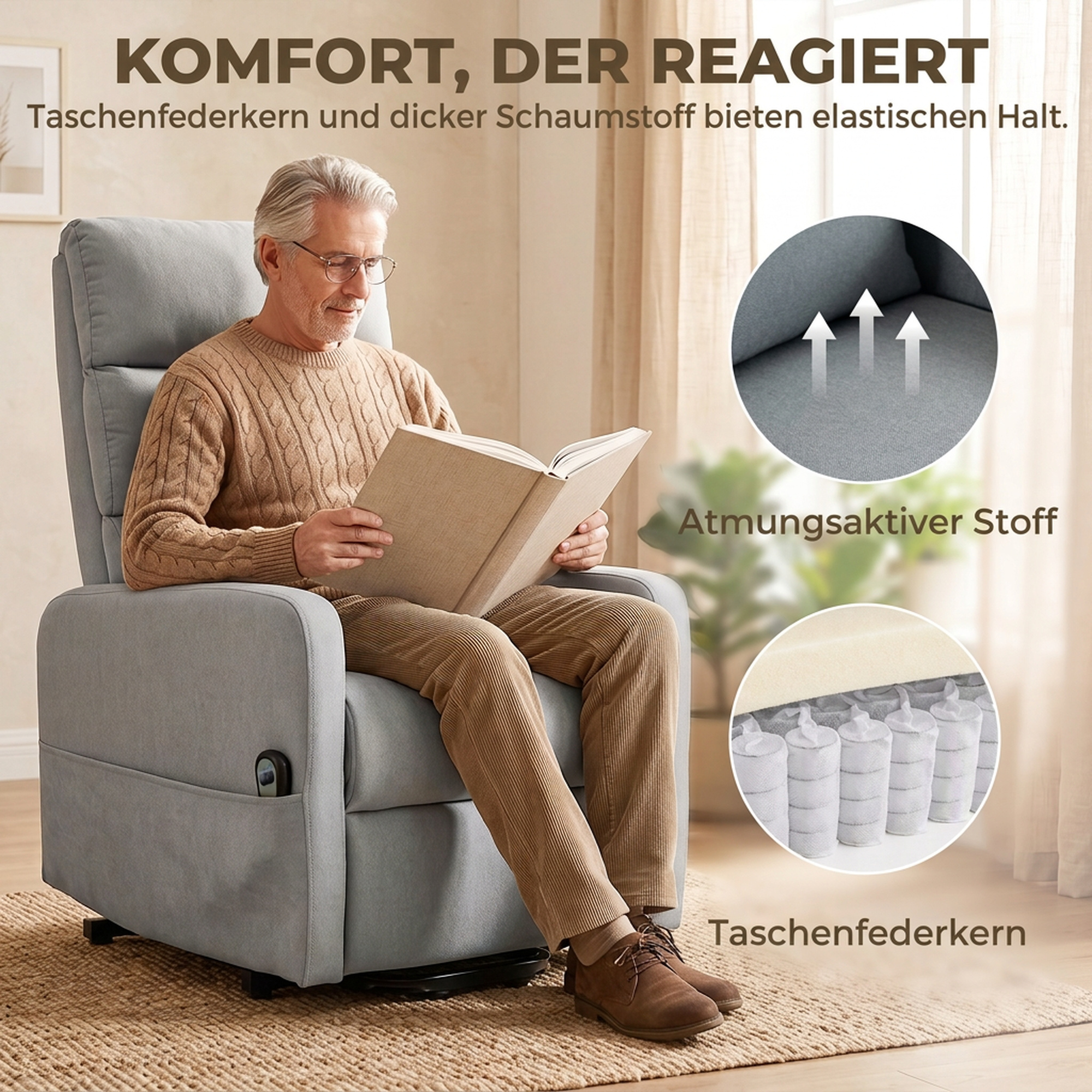 elektrischer Relaxsessel mit Aufstehhilfe, Fernbedienung, weicher Schaumstoff, Seitentasche, Bezug in Leinenoptik, Grau