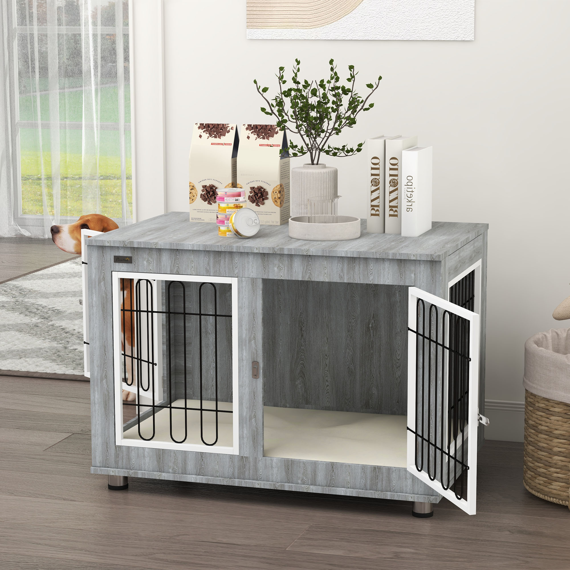 Hundekäfig Hundebox waschbares Polster, 2 Verriegelungen, 90 cm x 58 cm x 65 cm, Grau