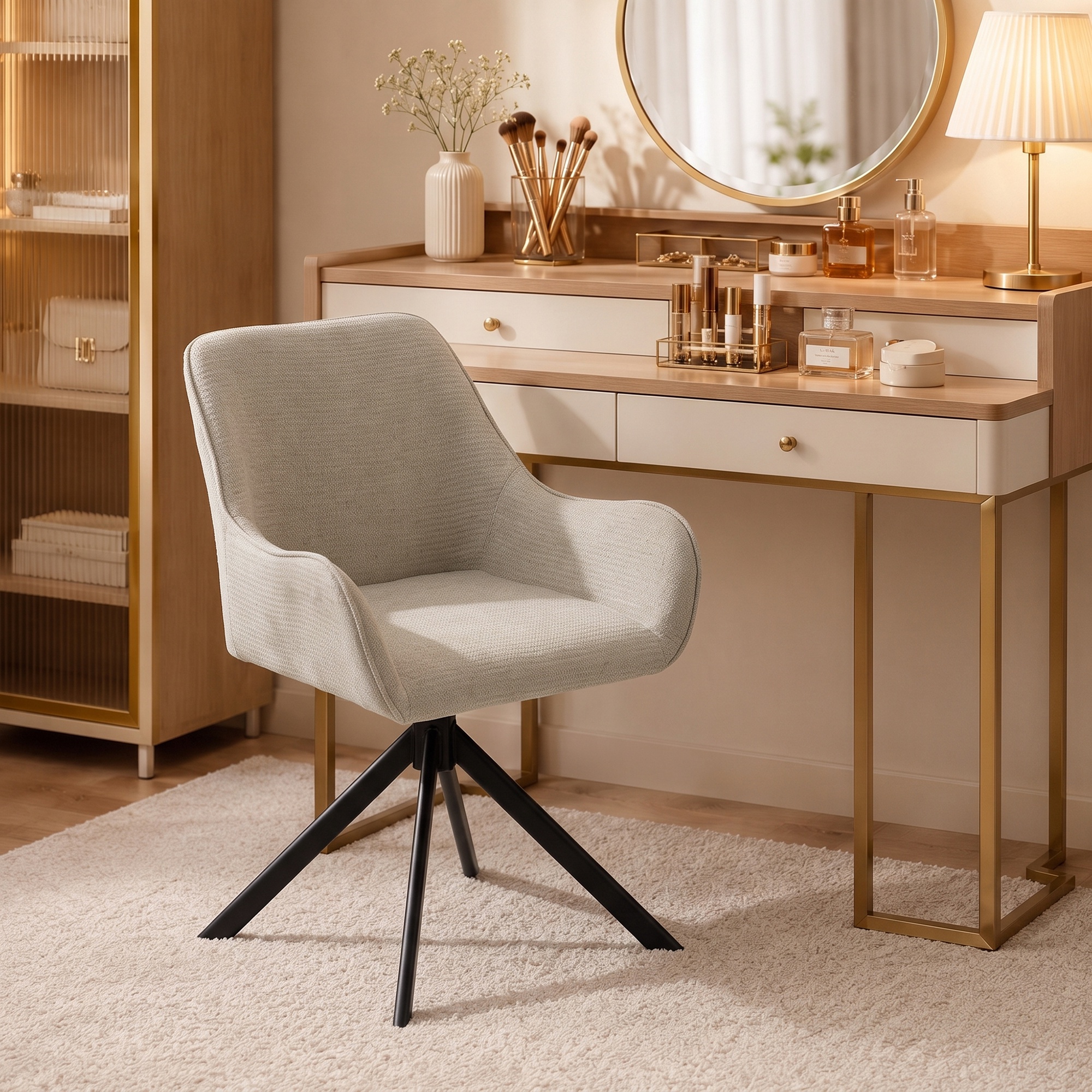 Esszimmerstühle 2er-Set, Drehbarer Küchenstuhl mit Armlehnen, Metallrahmen für Wohnzimmer, Esszimmer, Beige