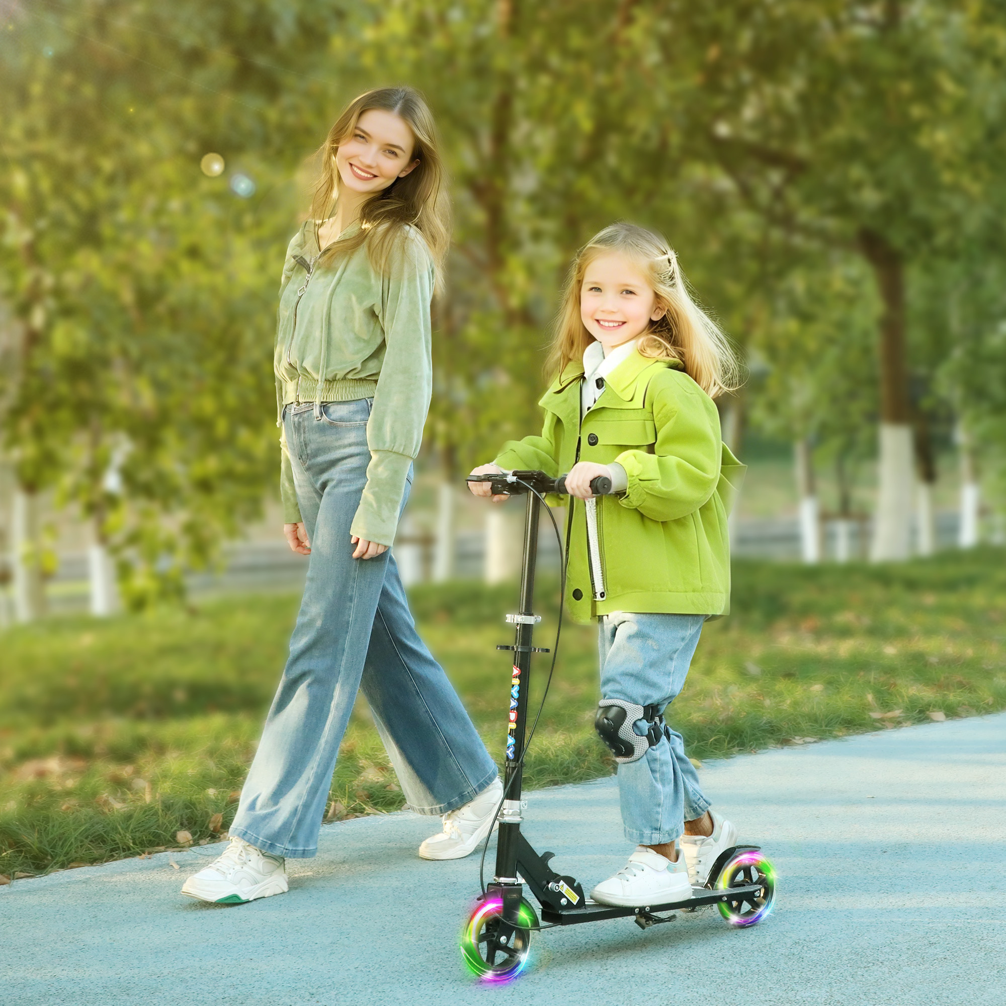 Kinderroller, Doppelte Bremsen, Metallrahmen, Fußstütze, faltbar, 3-8 Jahre, Schwarz