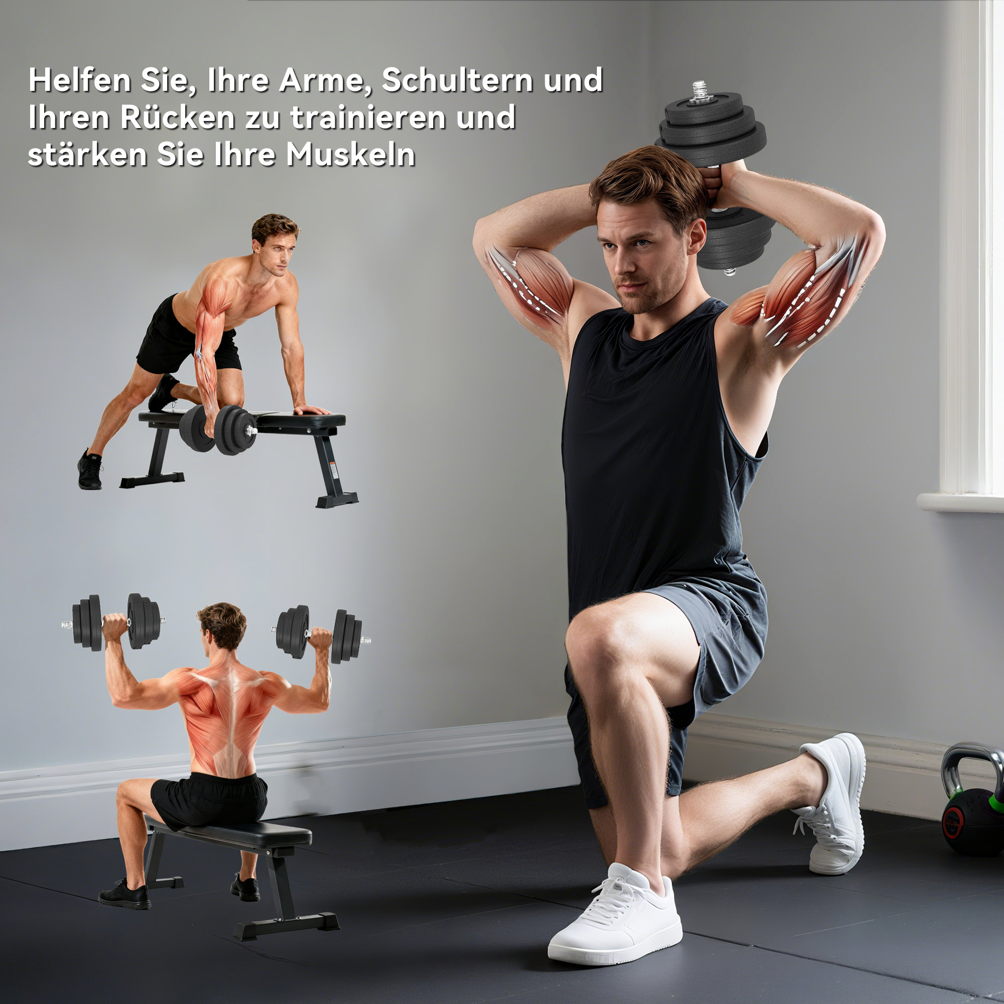 Kurzhantel-Set 40 kg, 2 Metallgriffe, 12 Hantelscheiben, bodenschonend, schwarz