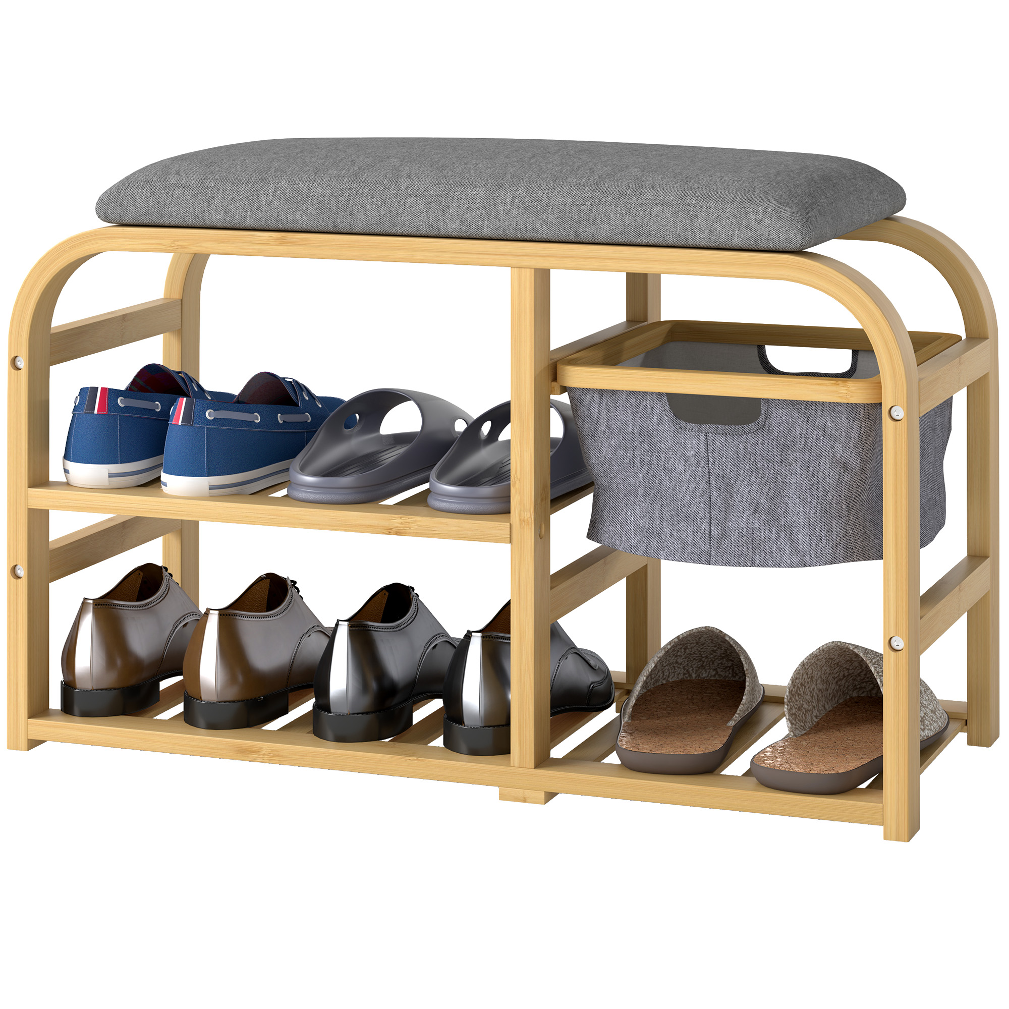 Schuhbank mit Regalen, Schuhaufbewahrungsbank, Bambus, Polstersitz, Grau Schuhbank mit Regalen, Schuhaufbewahrungsbank, Bambus, Polstersitz, Grau
