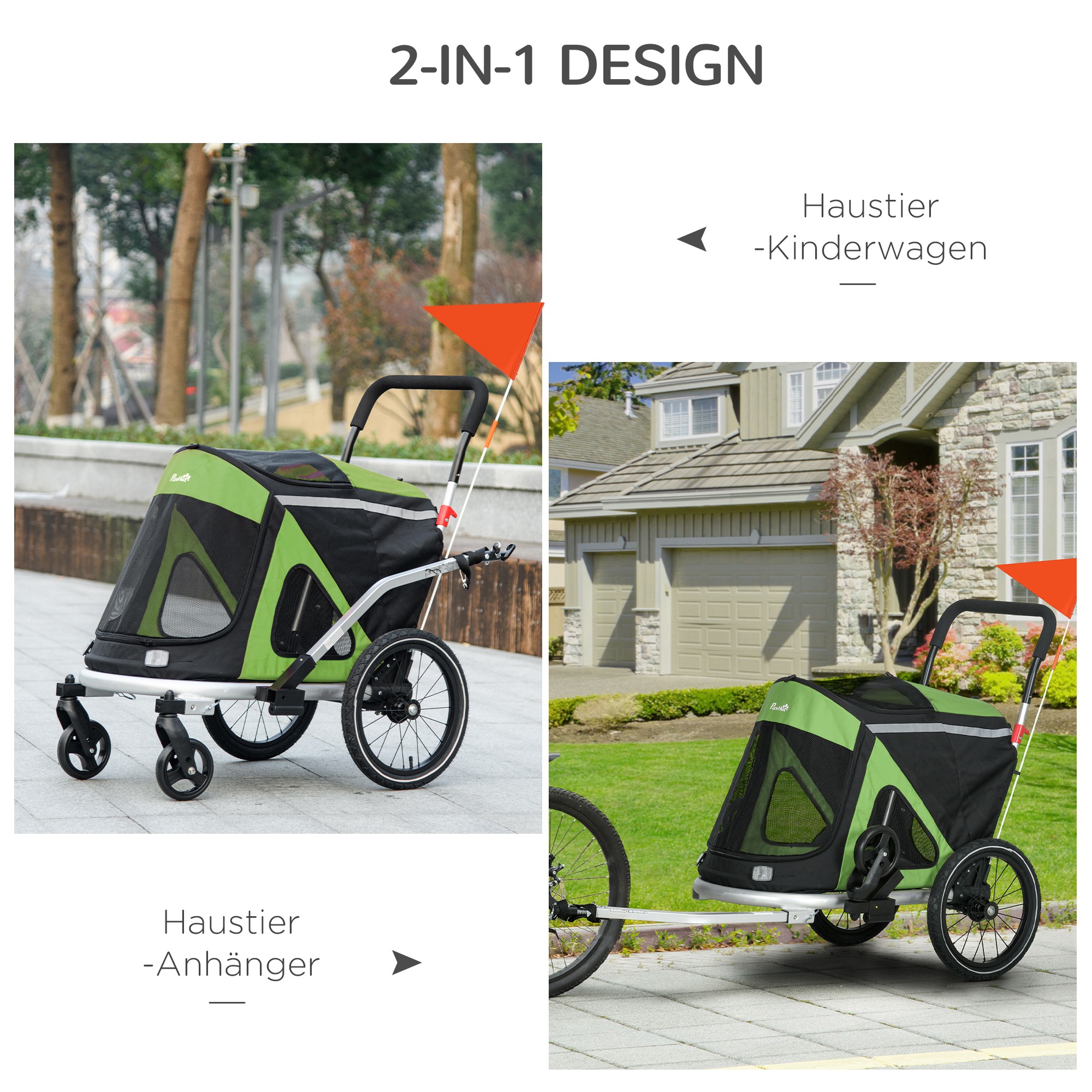 2-in-1 Hundebuggy Hundejogger Fahrradanhänger bis 20kg 2 Reflektoren 1 Sicherheitsleine 150 x 68 x 95 cm Grün