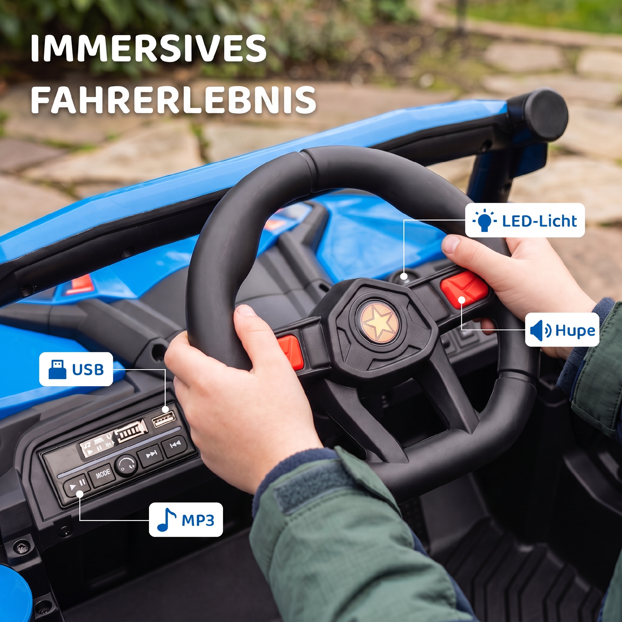 12V Elektroauto für Kinder, Fernbedienungsfunktion, Gurt, Hupe, LED-Lichter, USB-Port, für 3-5 Jahre, Blau