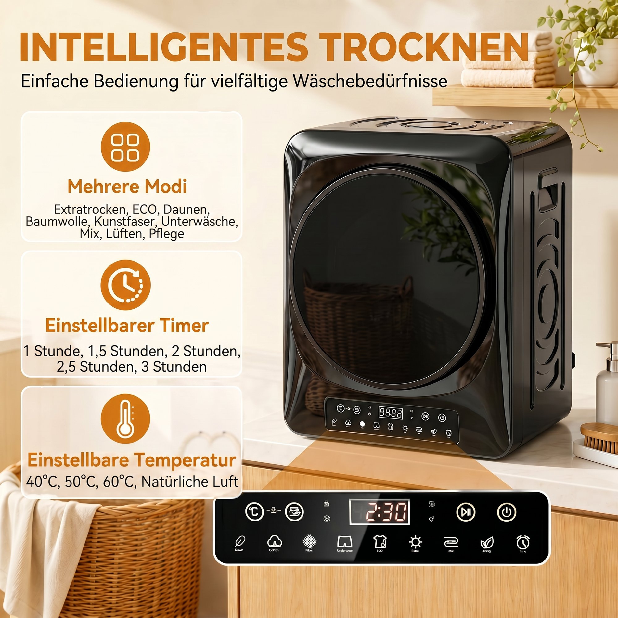 1000 W Kompakt-Ablufttrockner mit Extra-Trocken & ECO-Modi, Timer- und Temperatureinstellungen, Schwarz