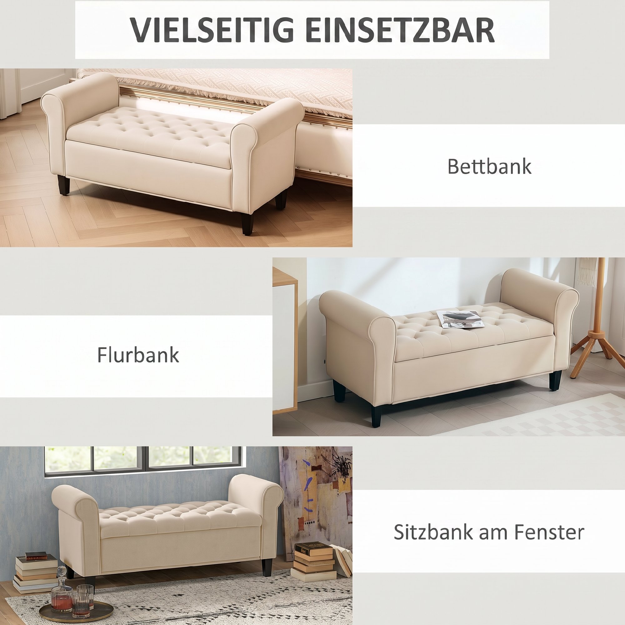Sitzbank im Vintage-Design, Sitzbank mit Stauraum, Samtoptik, Beige