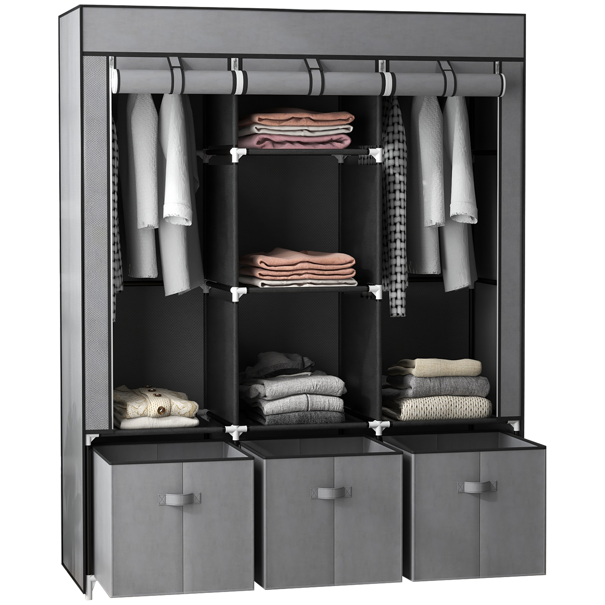 Stoffschrank aus Vlies, Faltschrank, inkl, 3 Schubladen, 125 cm x 43 cm x 162,5 cm, Grau Stoffschrank aus Vlies, Faltschrank, inkl, 3 Schubladen, 125 cm x 43 cm x 162,5 cm, Grau