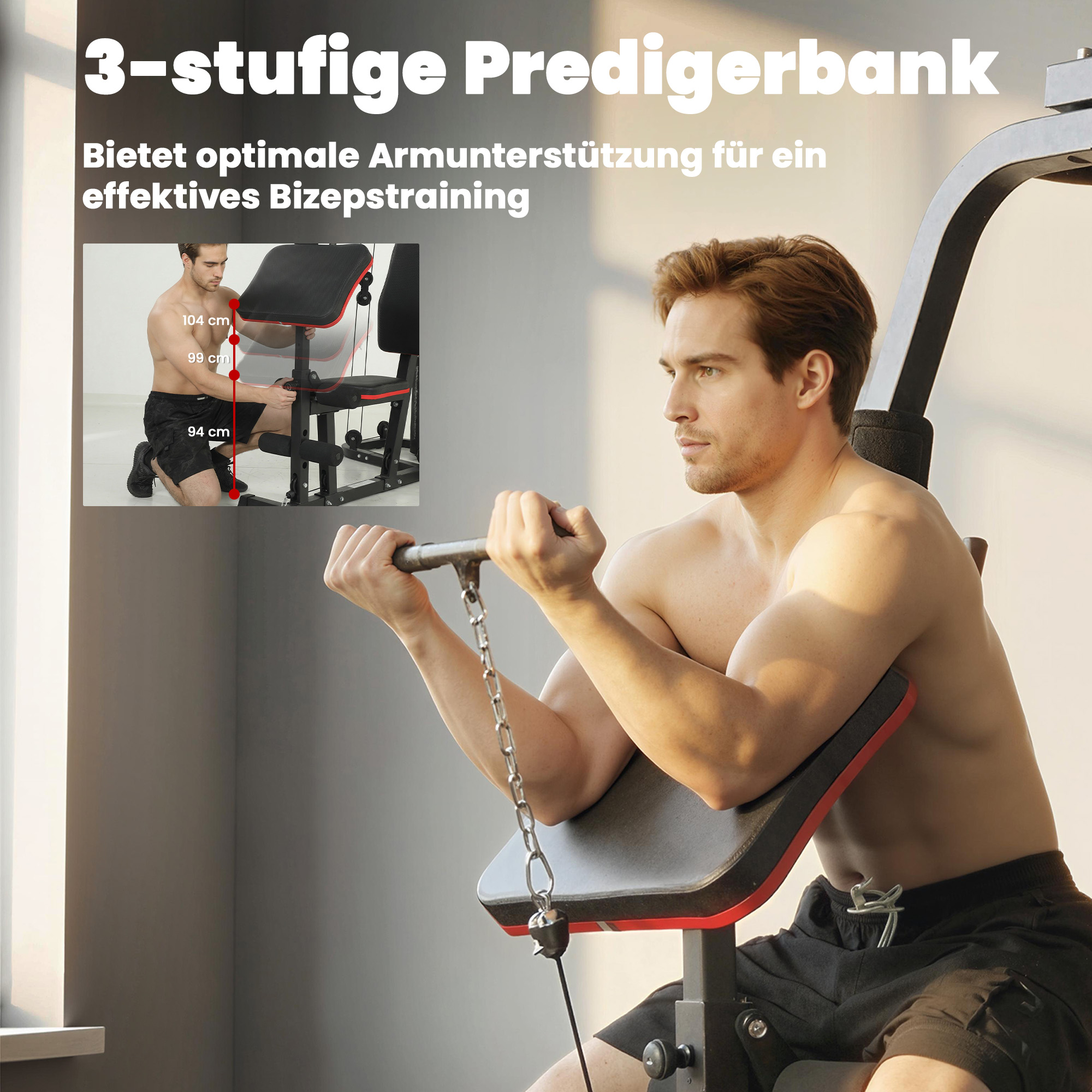 Kraftstation Fitnessstation mit 65kg Gewichten, Latzug, Butterflystange, verstellbar Preacher Bank, Beintrainer