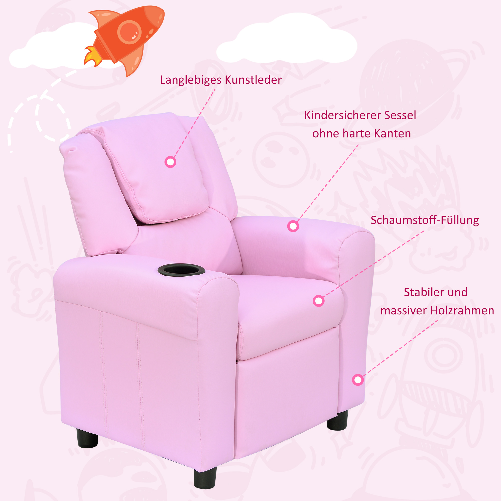 Kindersofa Kindersessel mit Fußstütze Armlehne Getränkehaltern verstellbare Rückenlehne Liegecouch Kindercouch Relaxsessel Kinder Sofa für 3-6 Jahre Jungen Mädchen Rosa
