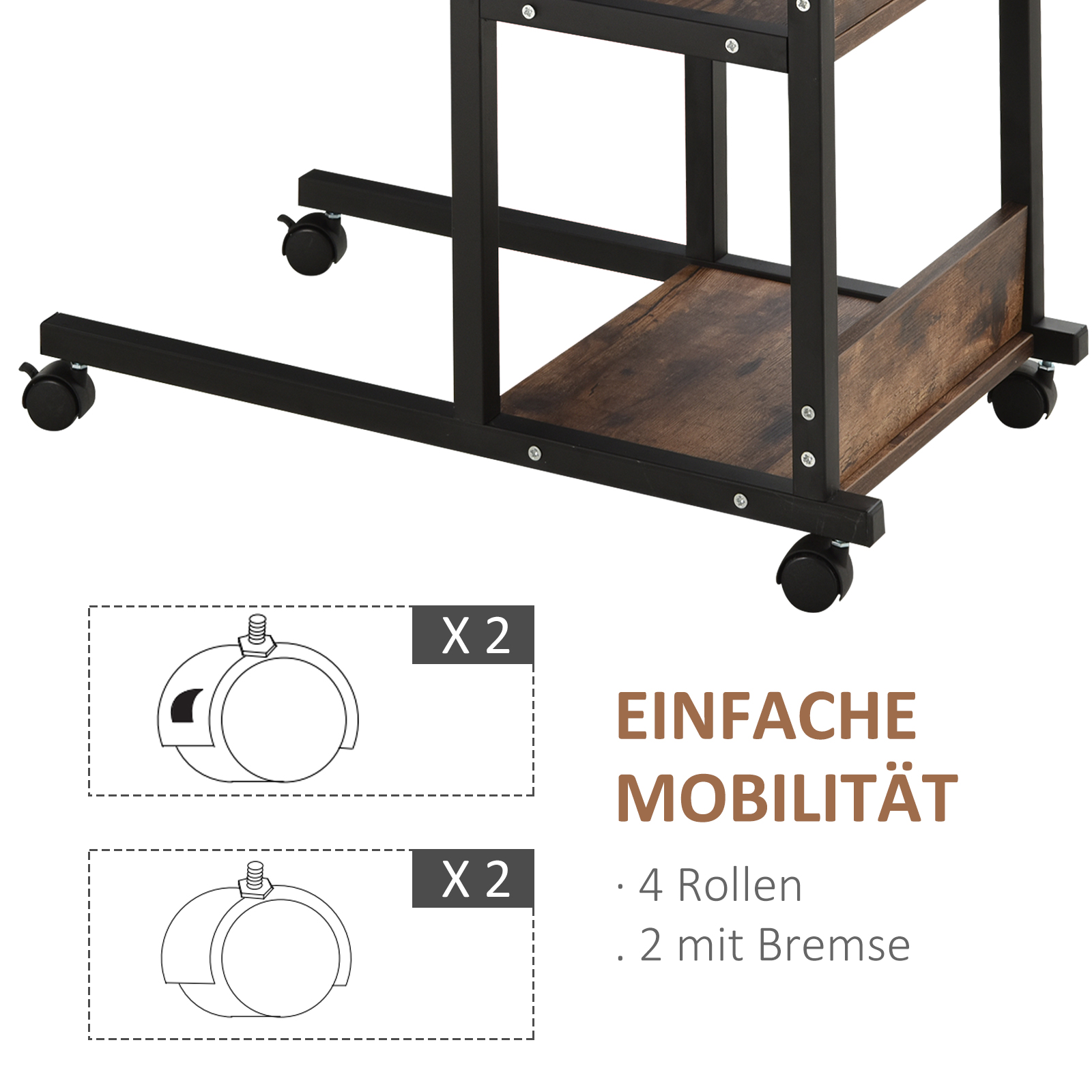 Beistelltisch mit Rollen, höhenverstellbar, kompakt, 2 Ablageböden, Metallrahmen, 80x40x72-82 cm, Braun/Schwarz