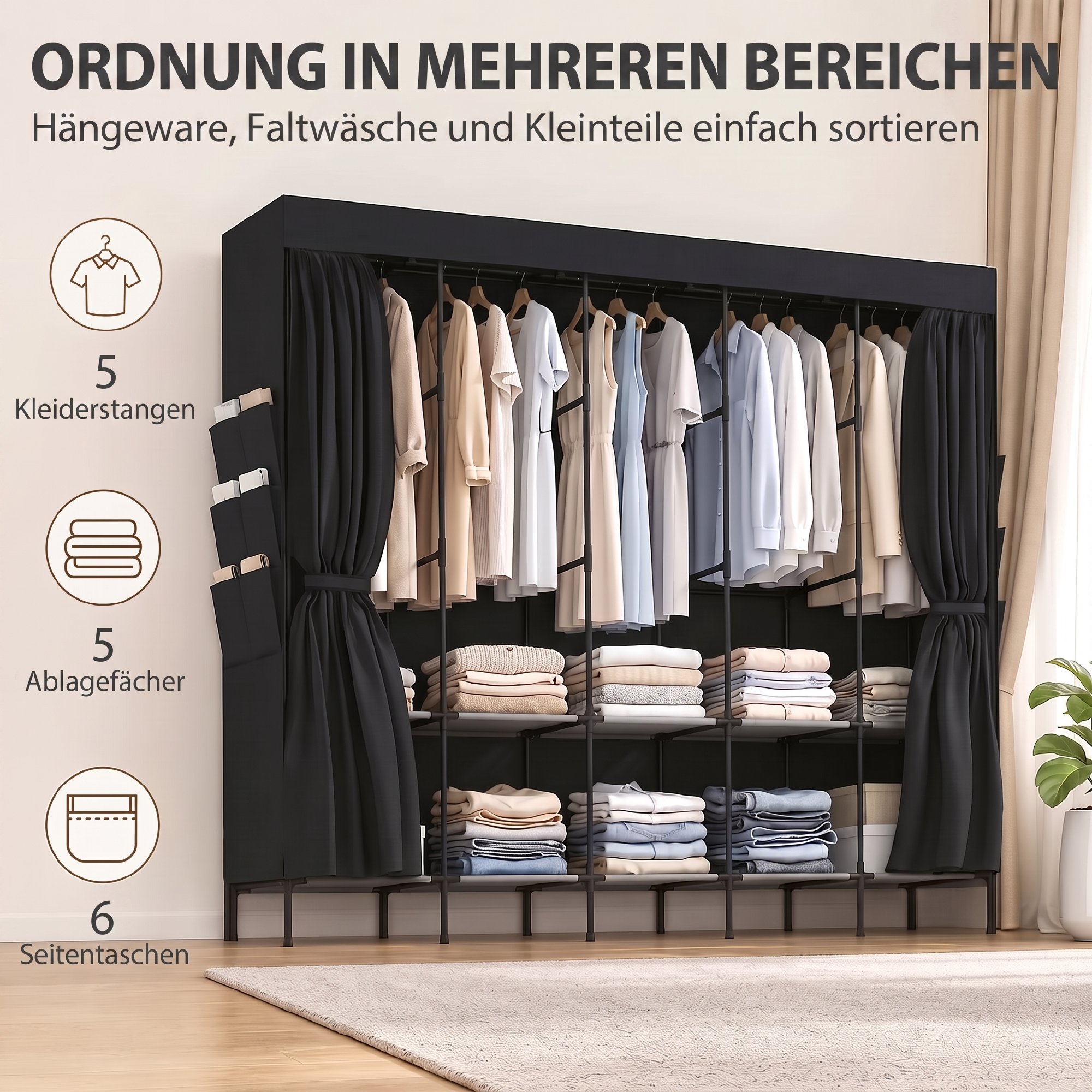 Stoff-Kleiderschrank, staubdicht, tragbar, 5 Kleiderstangen, 212 x 45 x 167 cm, Schwarz