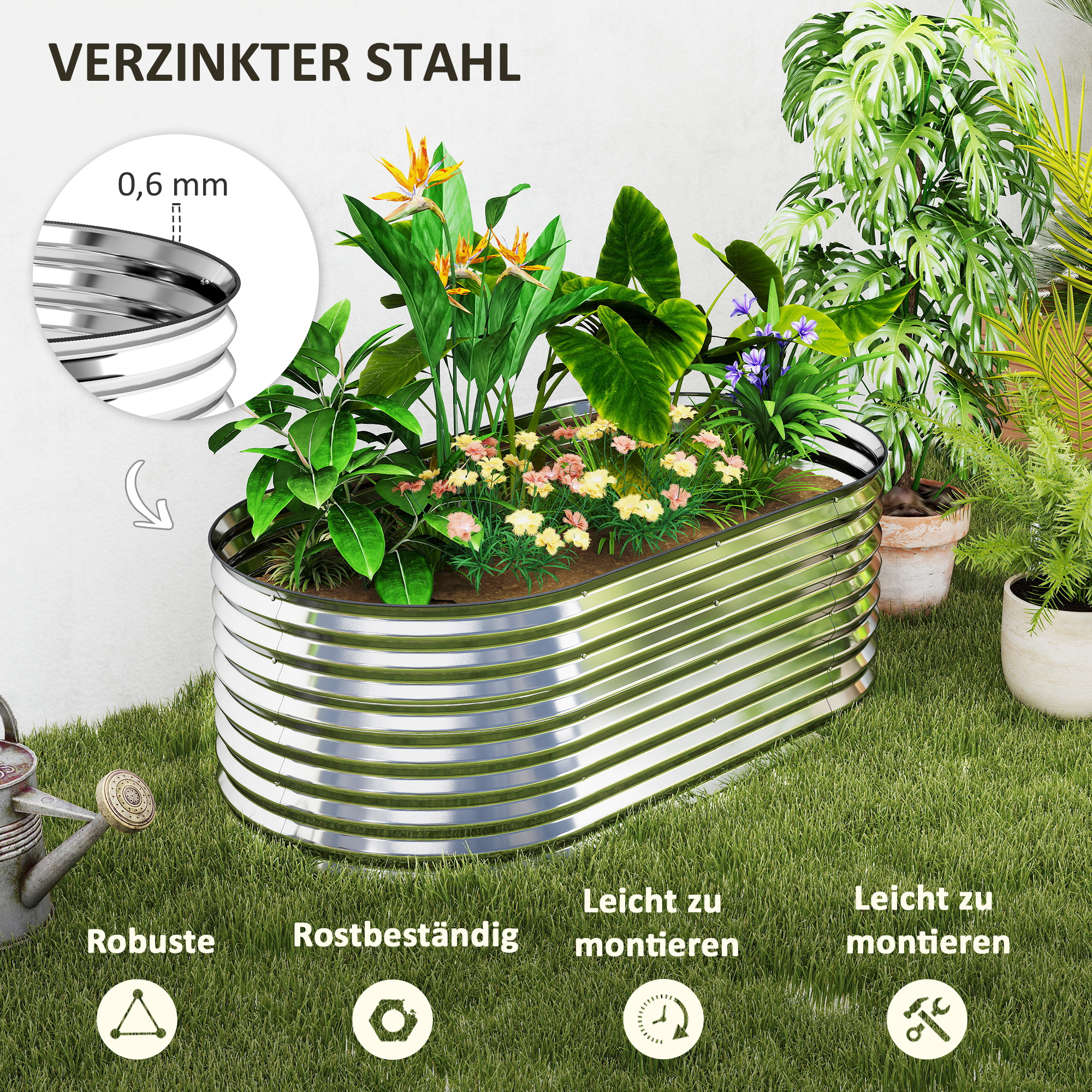 Pflanzkübel, Metall-Blumenkübel mit Sicherheitskante und Handschuhen, offener Boden, 160B x 80T x 56H cm, Grau