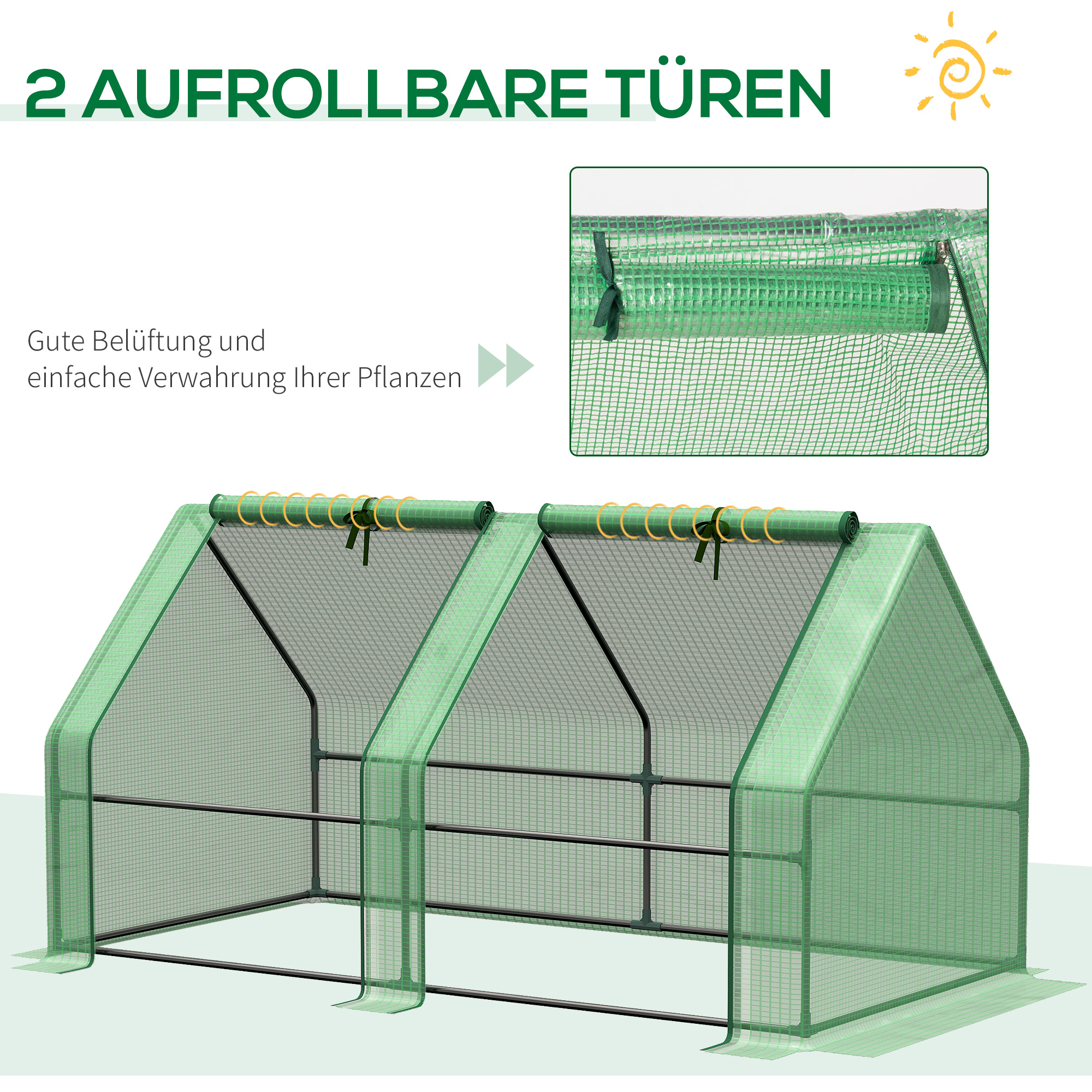 Gewächshaus mit 2 Rollfenster, PE-Gitterfolie, Foliengewächshaus aus Stahl, Treibhaus für Balkon, Garten, Tomatenhaus 180x90x90cm, Tomatengewächshaus für Gemüse, Blumen, Pflanzen, Grün