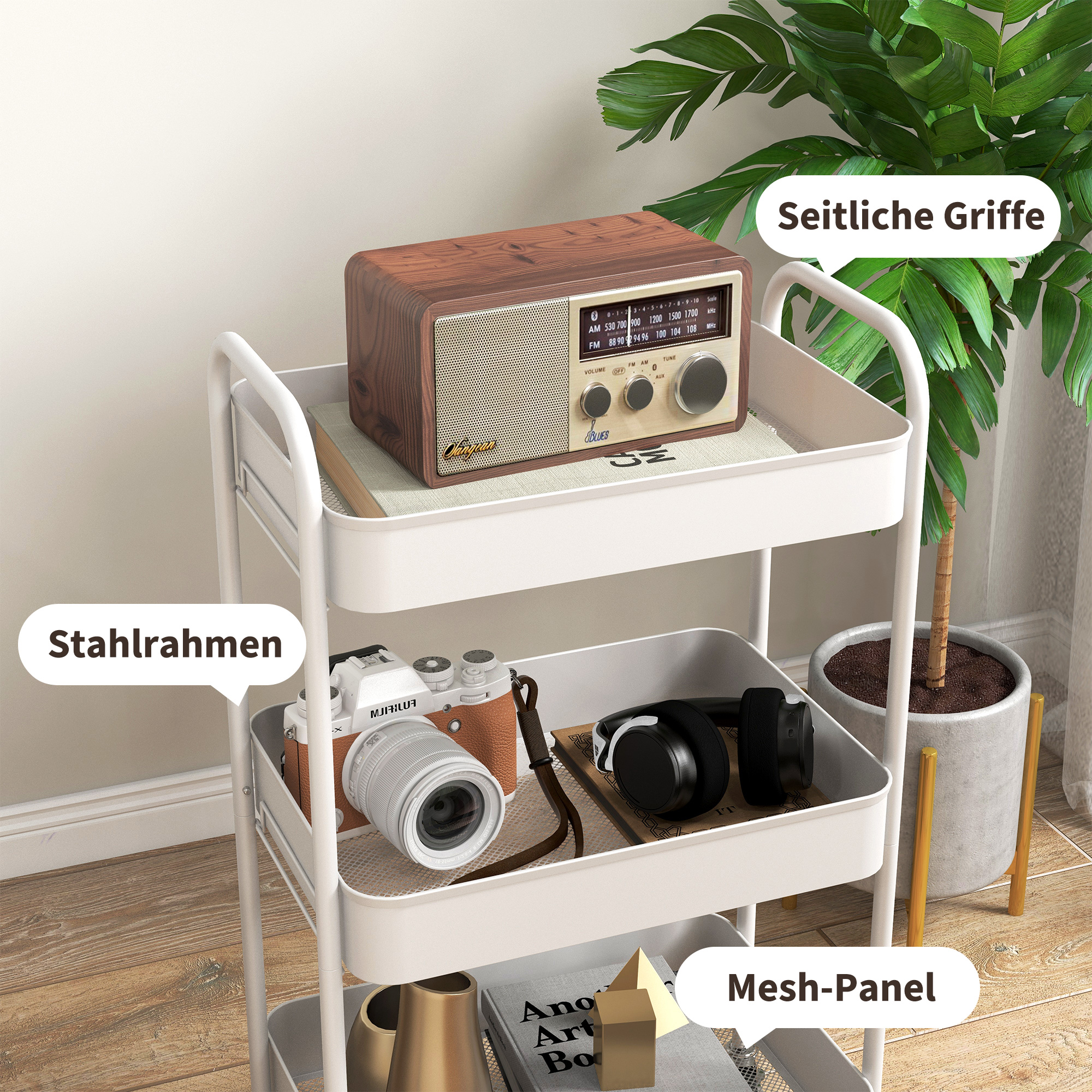 Mehrzweckwagen Rollwagen Küchenwagen, 3 Regale, 4 Rollen, 45 cm x 30,6 cm x 79 cm, Weiß