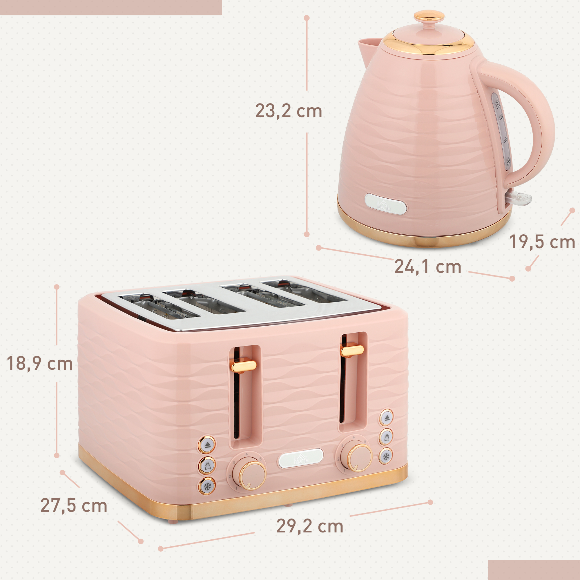 2-in-1 Toaster- und Wasserkocher-Set, 7 Bräunungsstufen, Auftau- und Aufwärmfunktion, Rosa