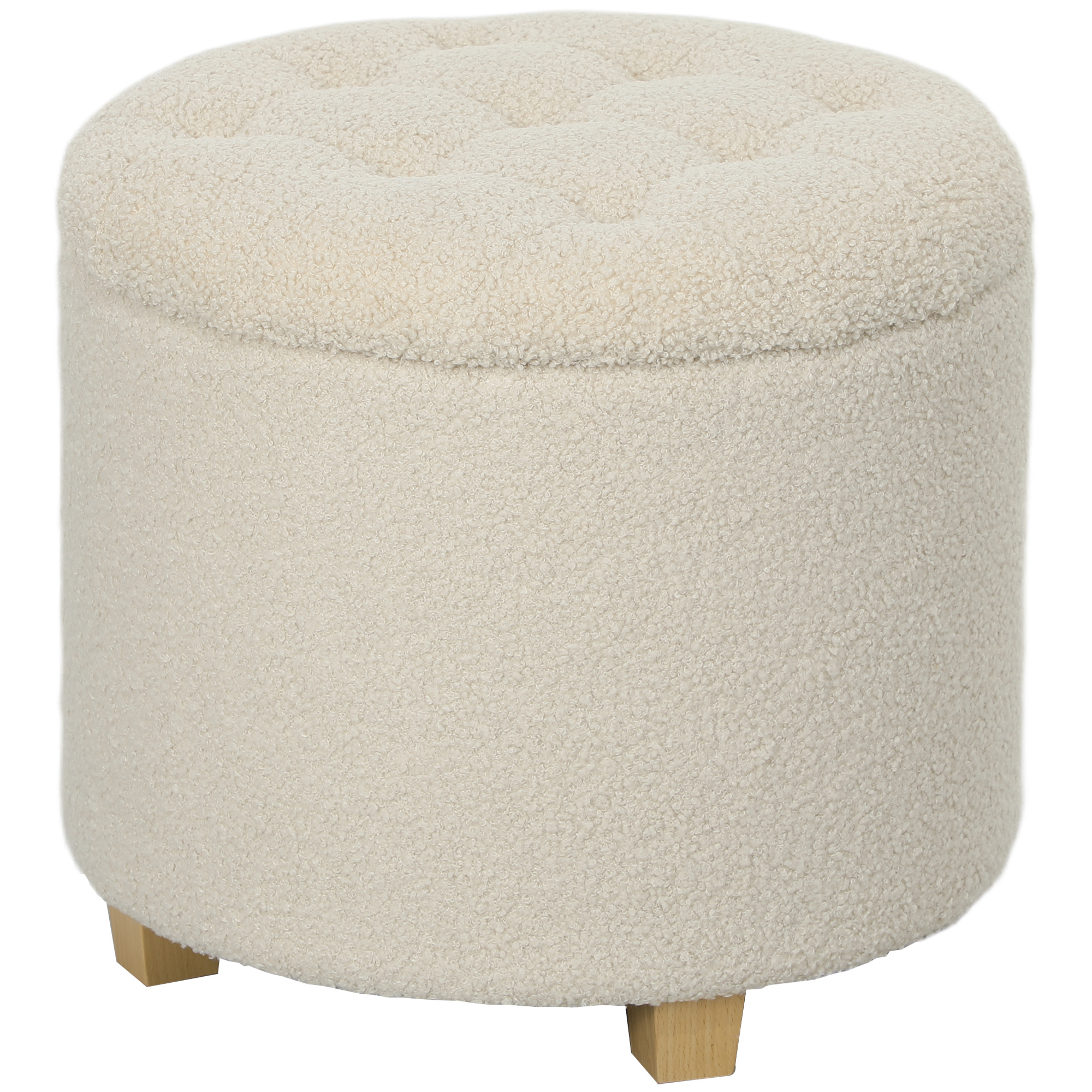 runder Sitzhocker mit Stauraum, Deckel und Holzbeinen, Fußhocker für Wohnzimmer, Flur, Schlafzimmer, Cremeweiß