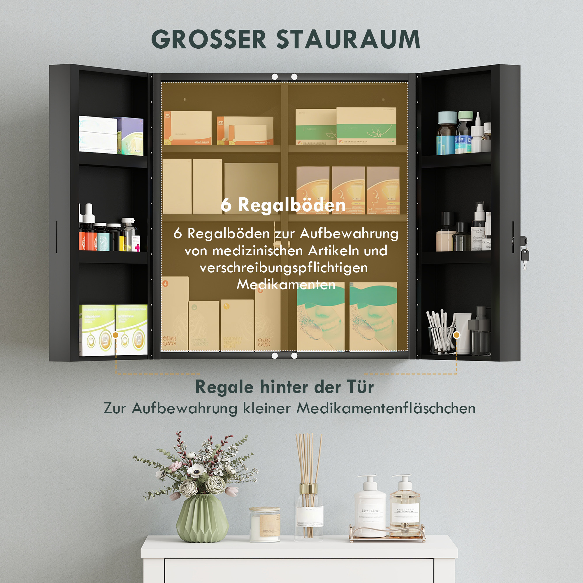 Medizinschrank, abschließbarer Medikamentenschrank mit 2 Türen und 6 Regalen, Schwarz