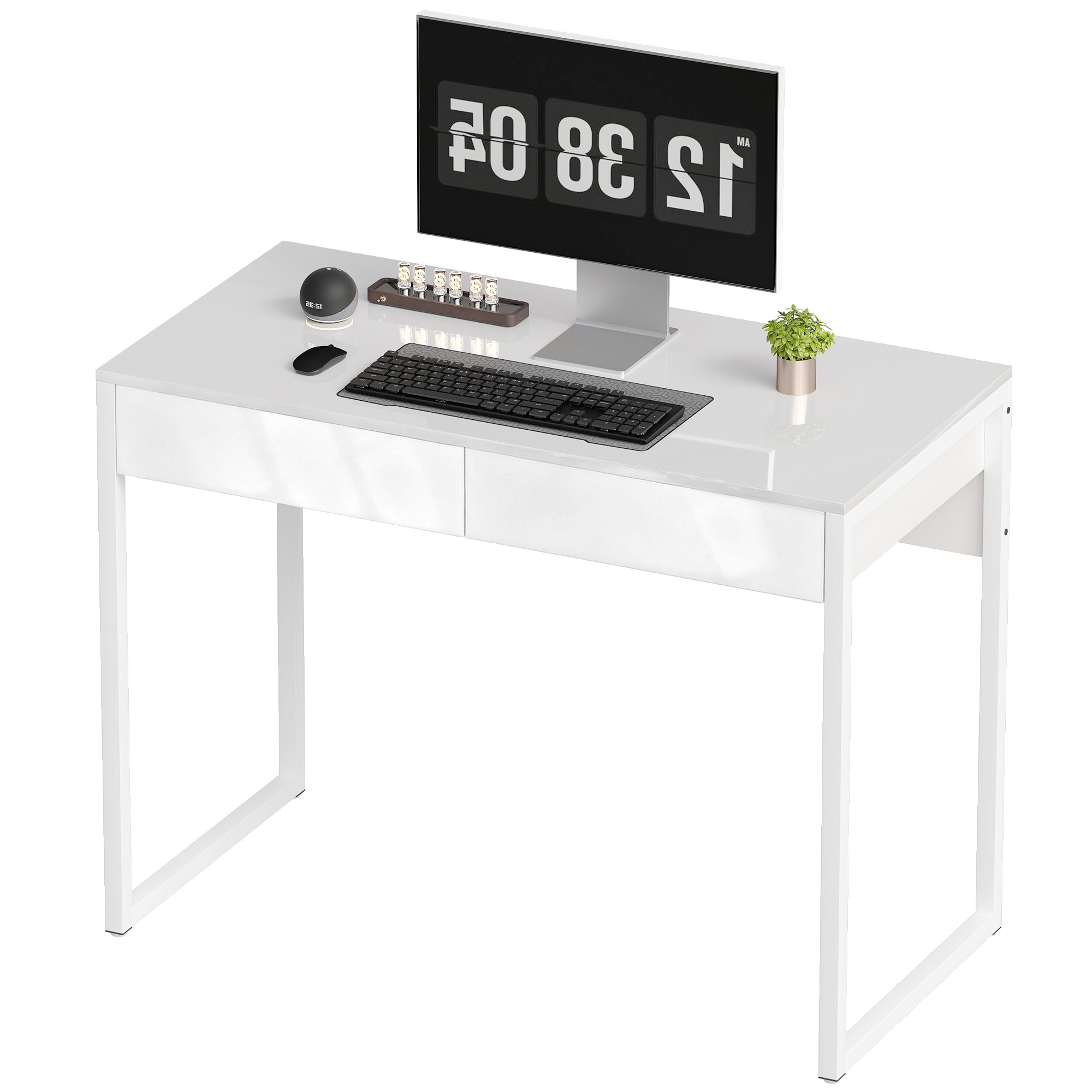 Schreibtisch 100 x 50 cm Computertisch Bürotisch mit 2 Schubladen, für kleine Räume, Weiß