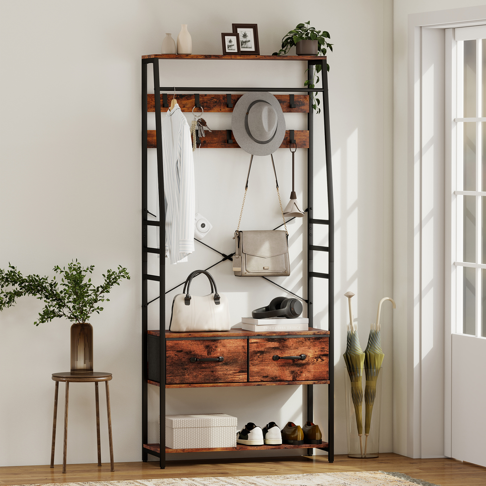 Garderobe mit Schuhregal, Mantelständer mit Sitzbank, 10 Haken, 2 Stoffschubladen, Kleiderstange, Spanplatte, Metall, Braun