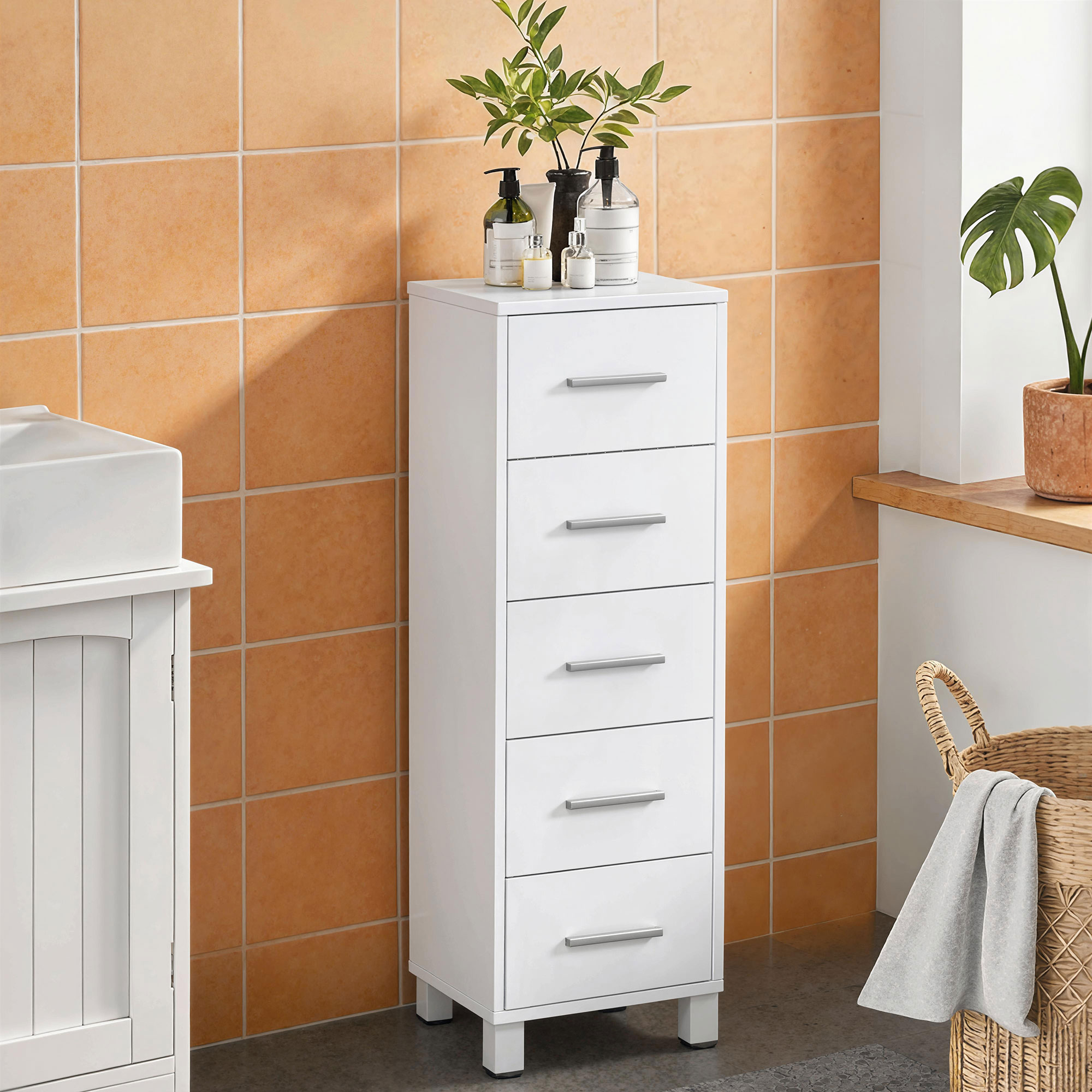 Badezimmerschrank Schmaler Badschrank mit 5 Schubladen für Badezimmer  30 x 30 x 95 cm Weiß