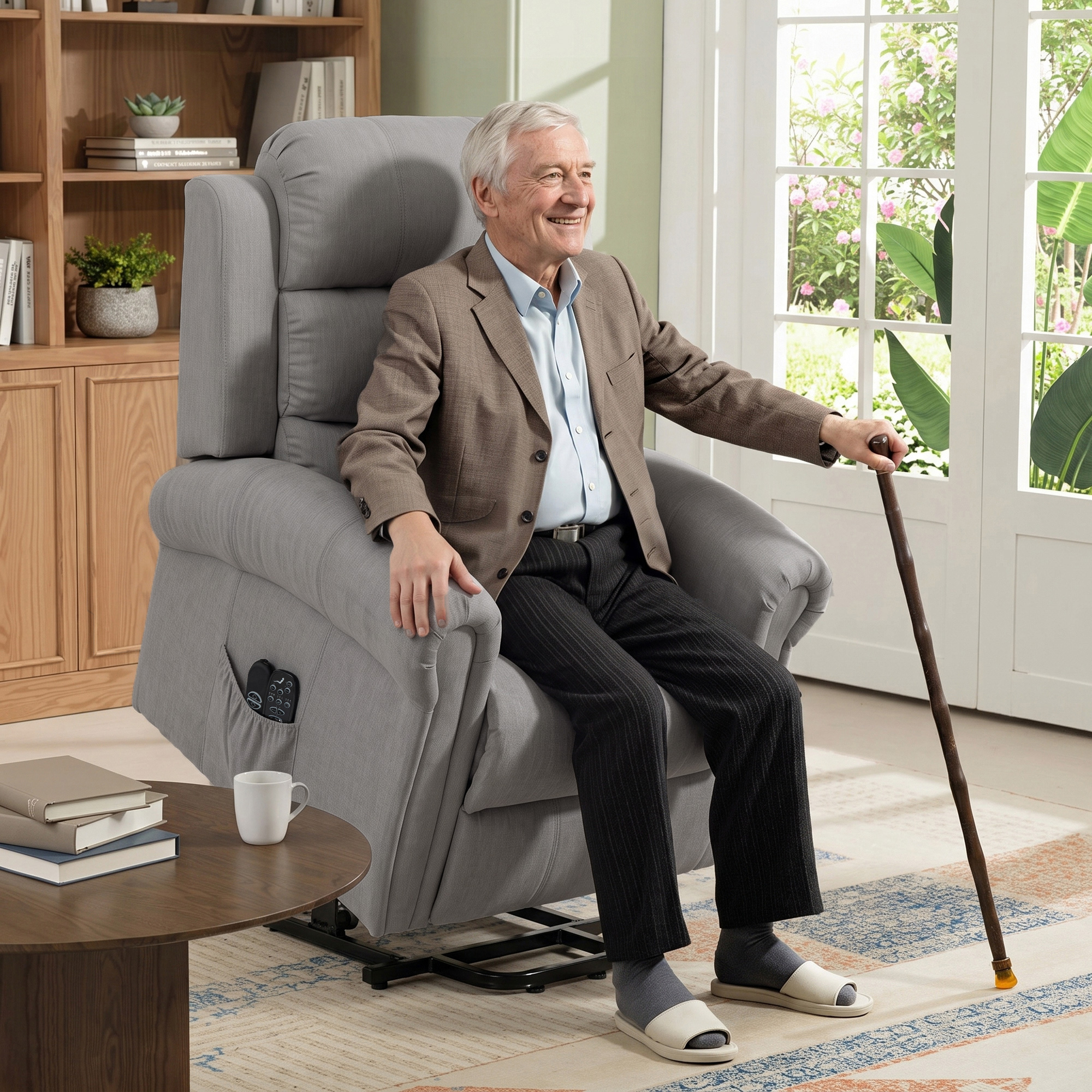Power-Lift-Relaxsessel mit Vibrationsmassage und Wärmefunktion, Aufstehsessel mit USB-Anschluss, Seitentaschen und Fernbedienungen, Hellgrau