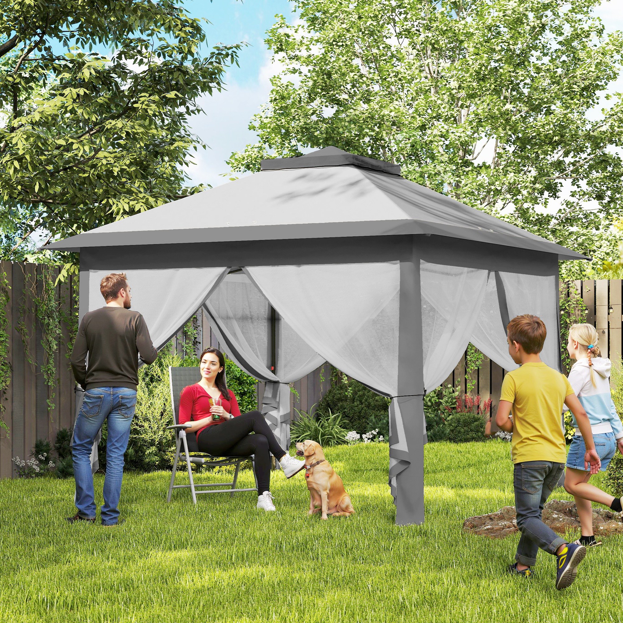 Faltpavillon, Gartenpavillon, Metall und Stoffplane, Netzvorhänge, Entwässerungslöcher, 330L x 330B x 288H cm, Grau