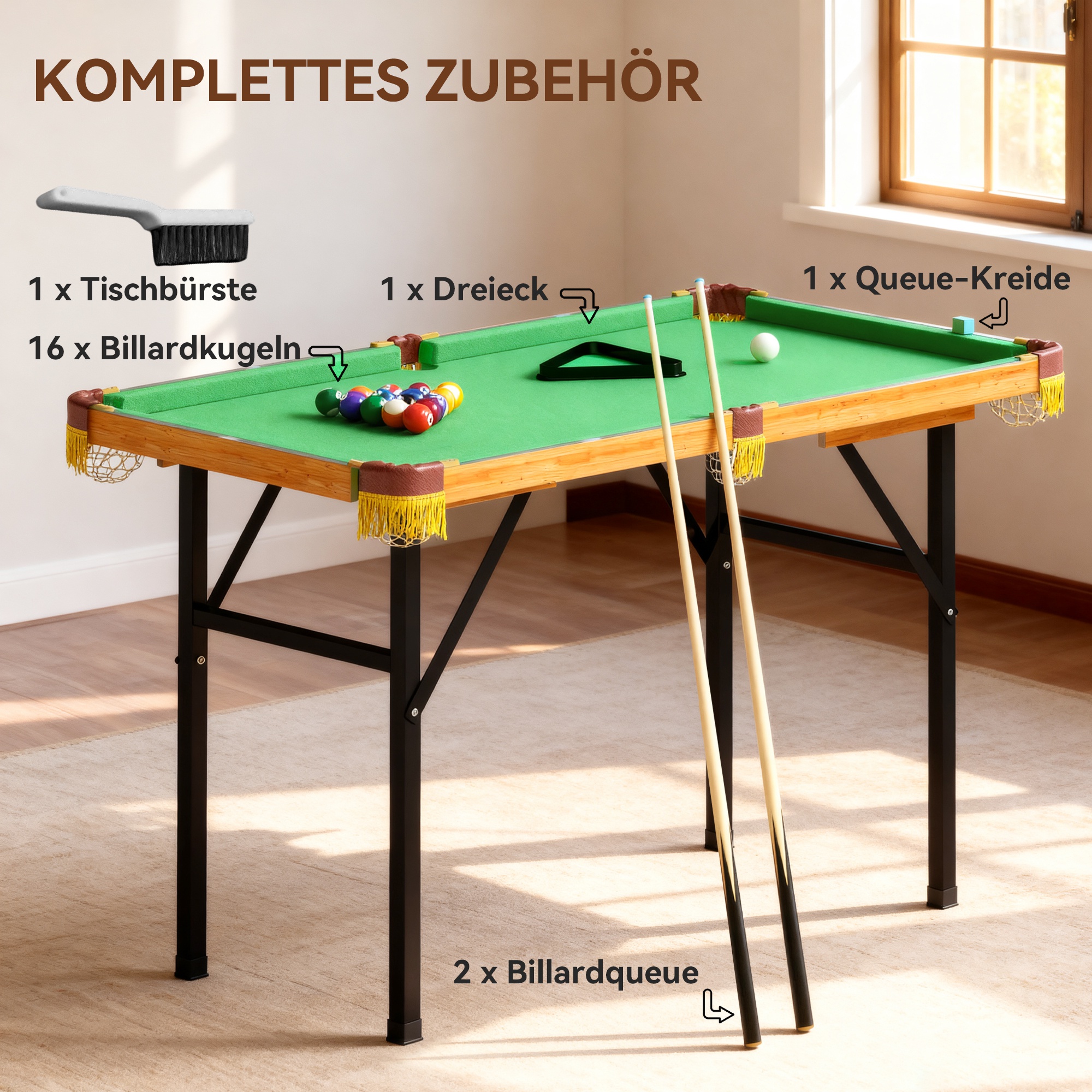 klappbarer Billardtisch, Mini-Billiard-Tisch, 2 Queues, 16 Kugeln, Dreieck, Bürste, Grün
