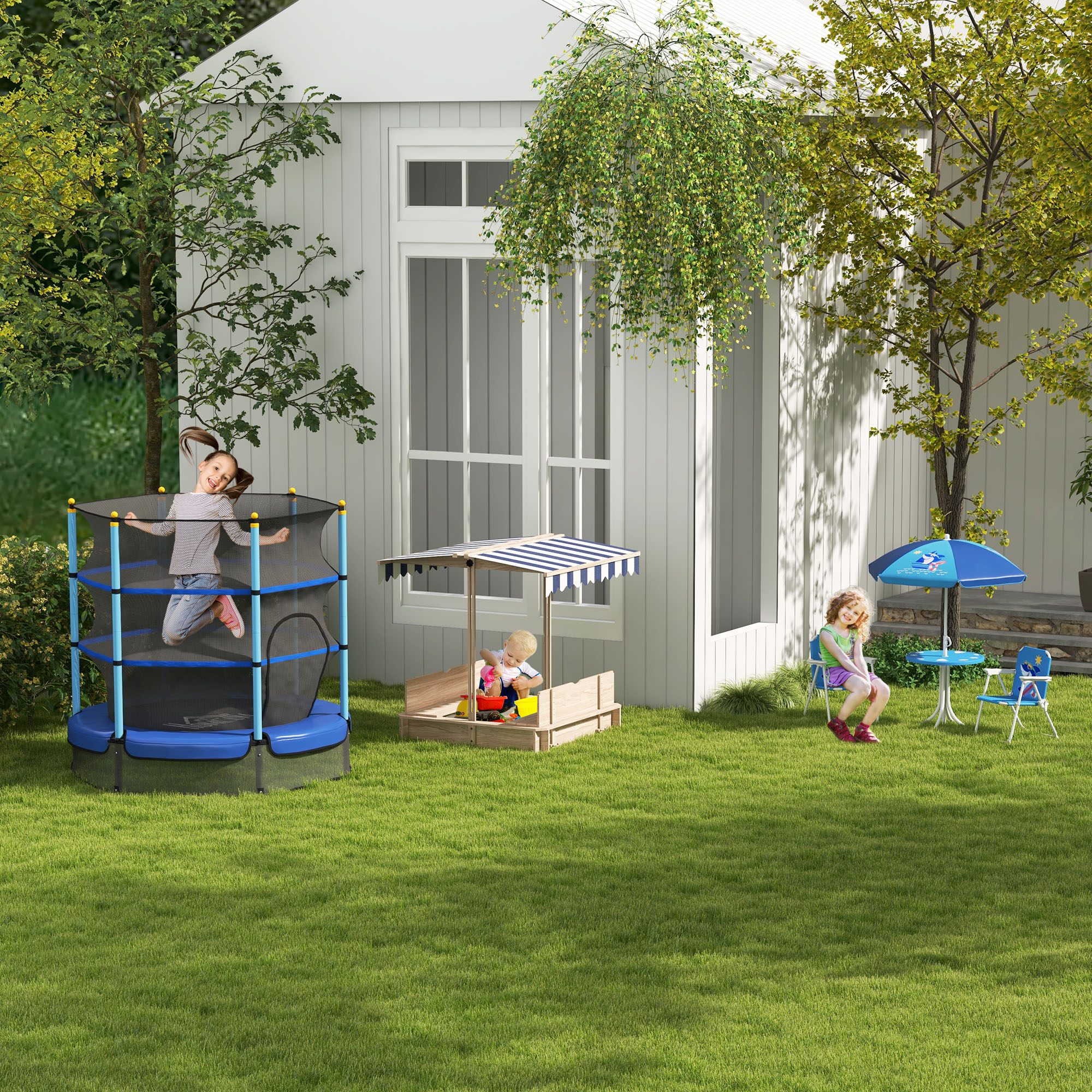 Sandkasten 106x106 cm Kinder Sandbox mit höhenverstellbar Abdeckung, Sandkiste aus Holz mit Sitzbänken Rücklehnen für Outdoor Garten Terrasse Balkon
