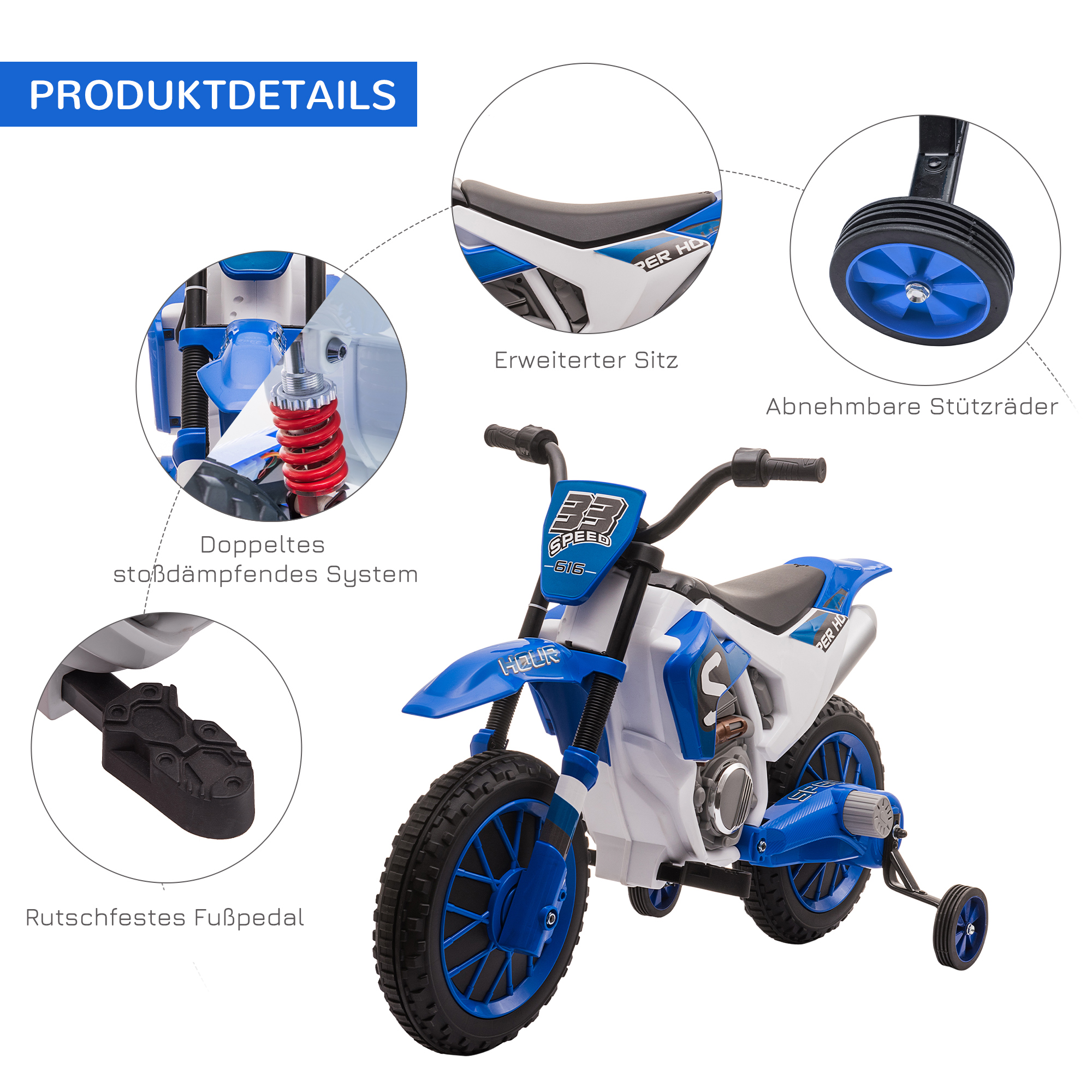 Kindermotorrad, Elektromotorrad, 45 Min Fahrzeit, mit Stützrädern, ab 3 Jahren, blau+weiß, 106,5 x 51,5 x 68cm