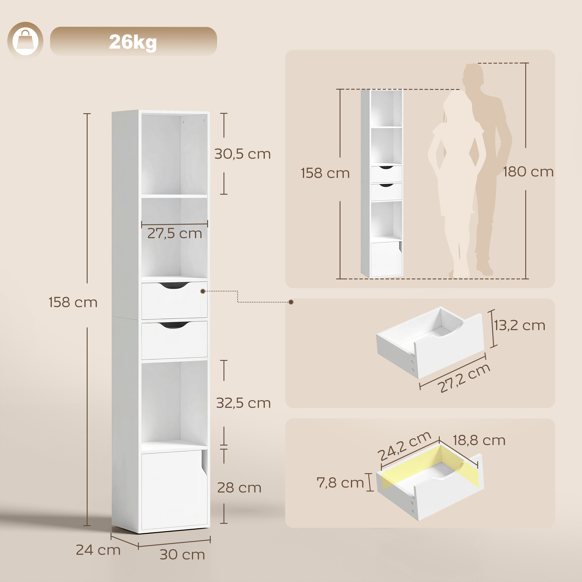Bücherregal mit 2 Schubladen, Schmaler Bücherschrank mit 3 offenen Regalebenen, für Büro, Schlafzimmer 30x24x158cm Weiß