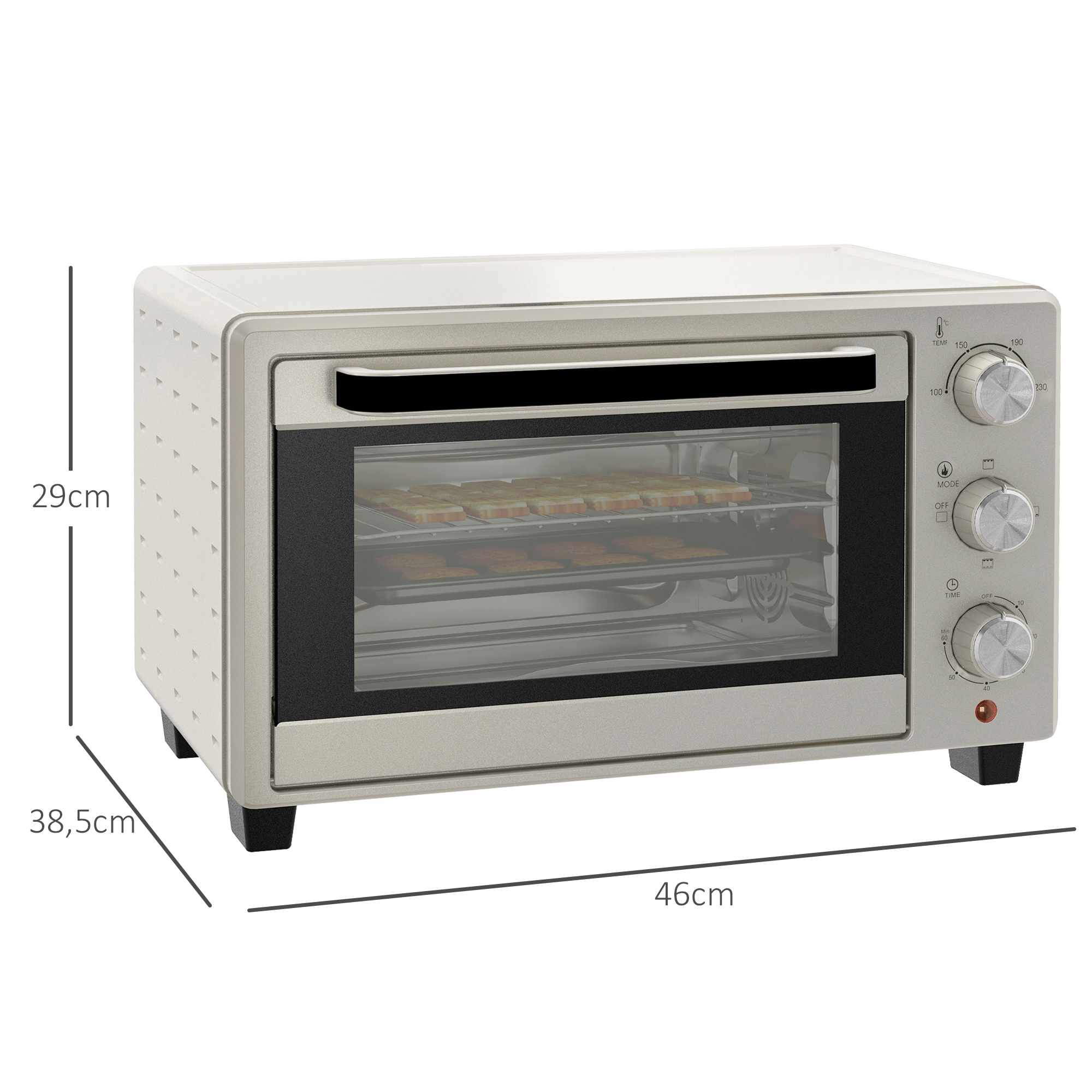 Minibackofen, Backofen kleine 21 L Toasterofen mit 1 Drahtgestell und 1 Backblech, 3 Kochmodi, 100 °C-230 °C, Edelstahl, Glas, Cremeweiß