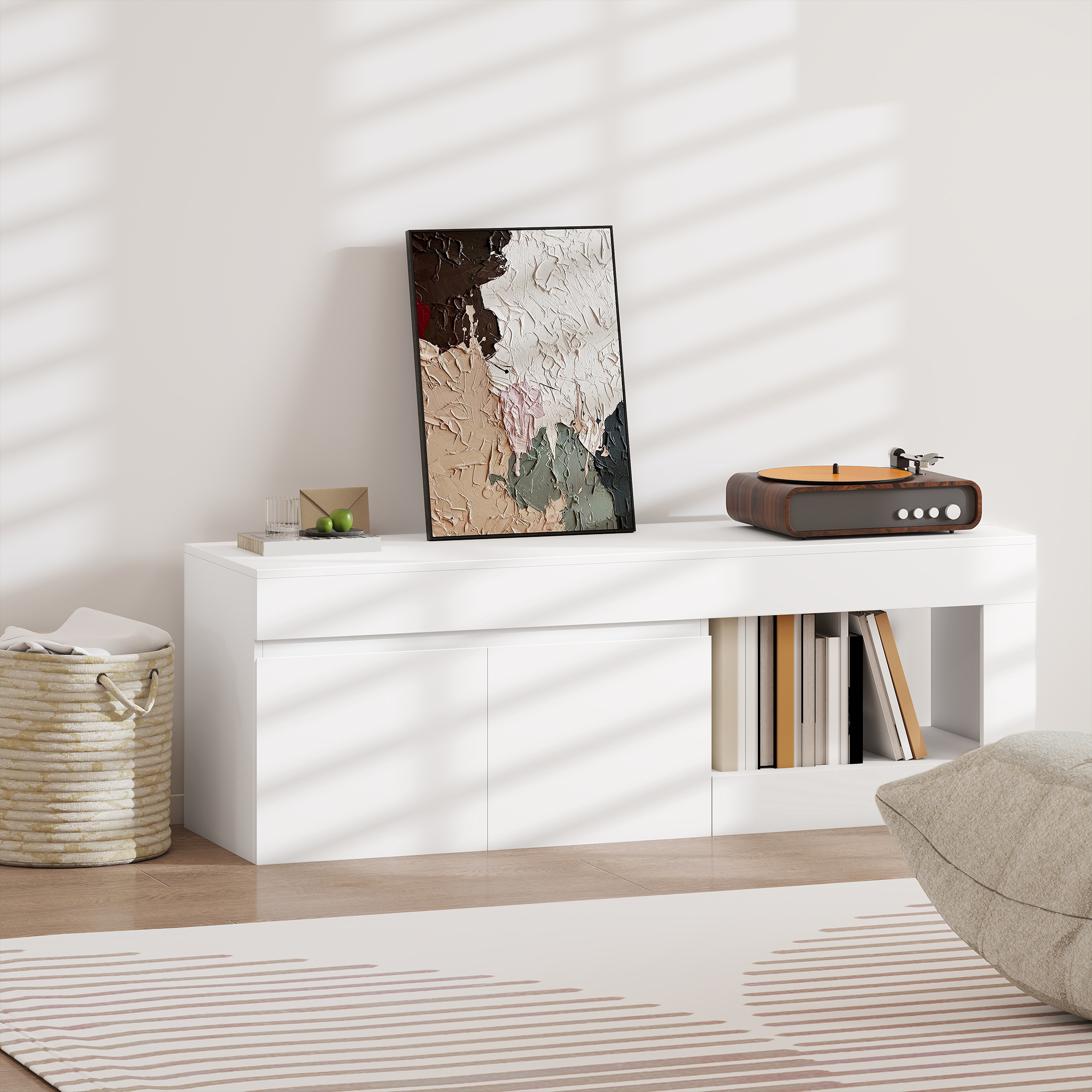 modernes TV-Lowboard fürs Wohnzimmer mit 2 Türen, offenem Fach und Griffen, für TVs bis 60 Zoll, 140 x 40 x 48 cm, Weiß