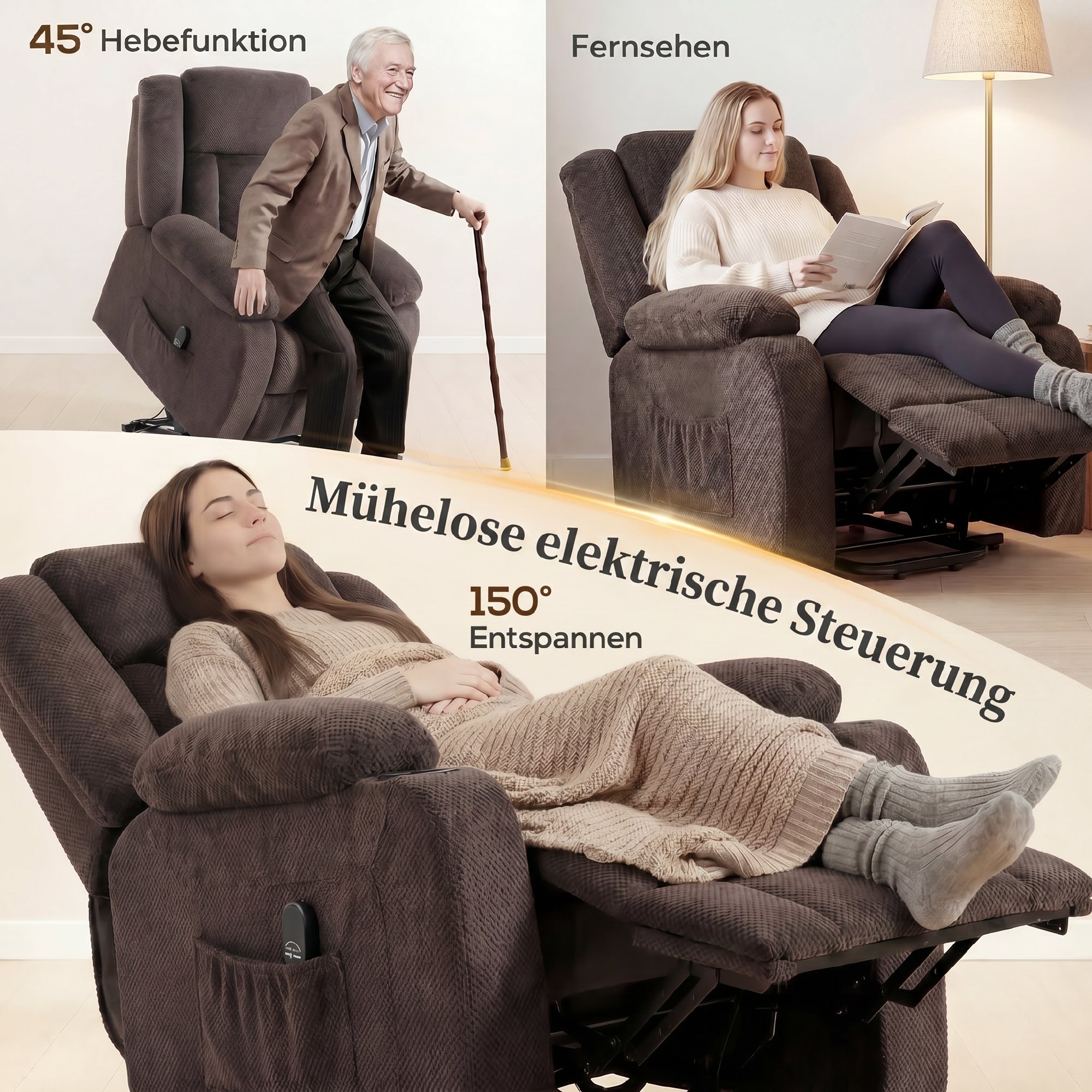 Aufstehsessel mit weichem Bezug, Recliner-Sessel mit Fernbedienung und Seitentaschen, Braun