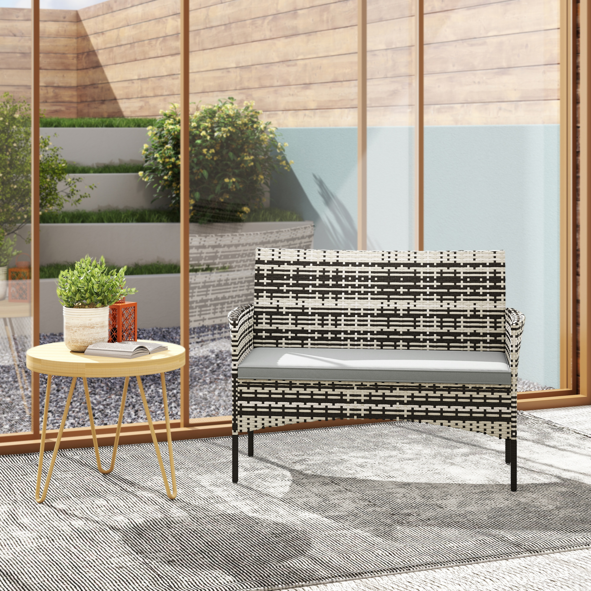 2-Sitzer Rattan Gartensofa PE-Rattan Outdoor-Terrassen-Sofa mit Polster, Anti-Rutsch-Matten, Stahlrahmen, Hellgrau