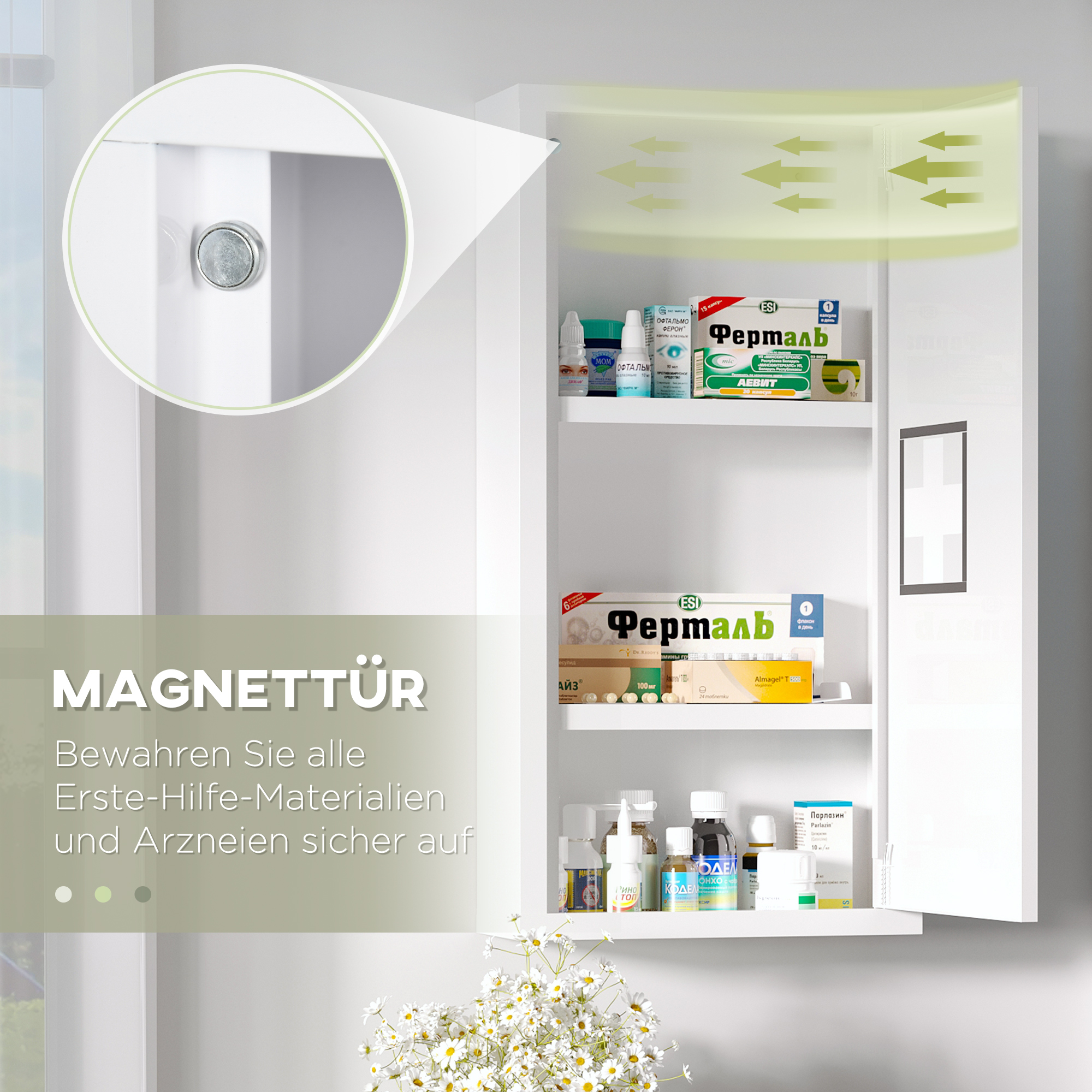 Medizinschrank, 3 Innenfächer, Magnetverschluss, Kreuzsymbol, Stahlgehäuse, weiß, 30 x 12 x 60 cm