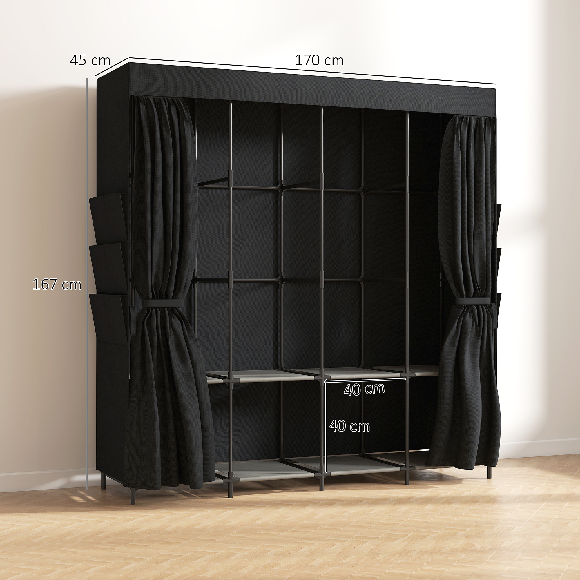Stoff-Kleiderschrank, staubdicht, tragbar, 5 Kleiderstangen, 170 x 45 x 167 cm, Schwarz
