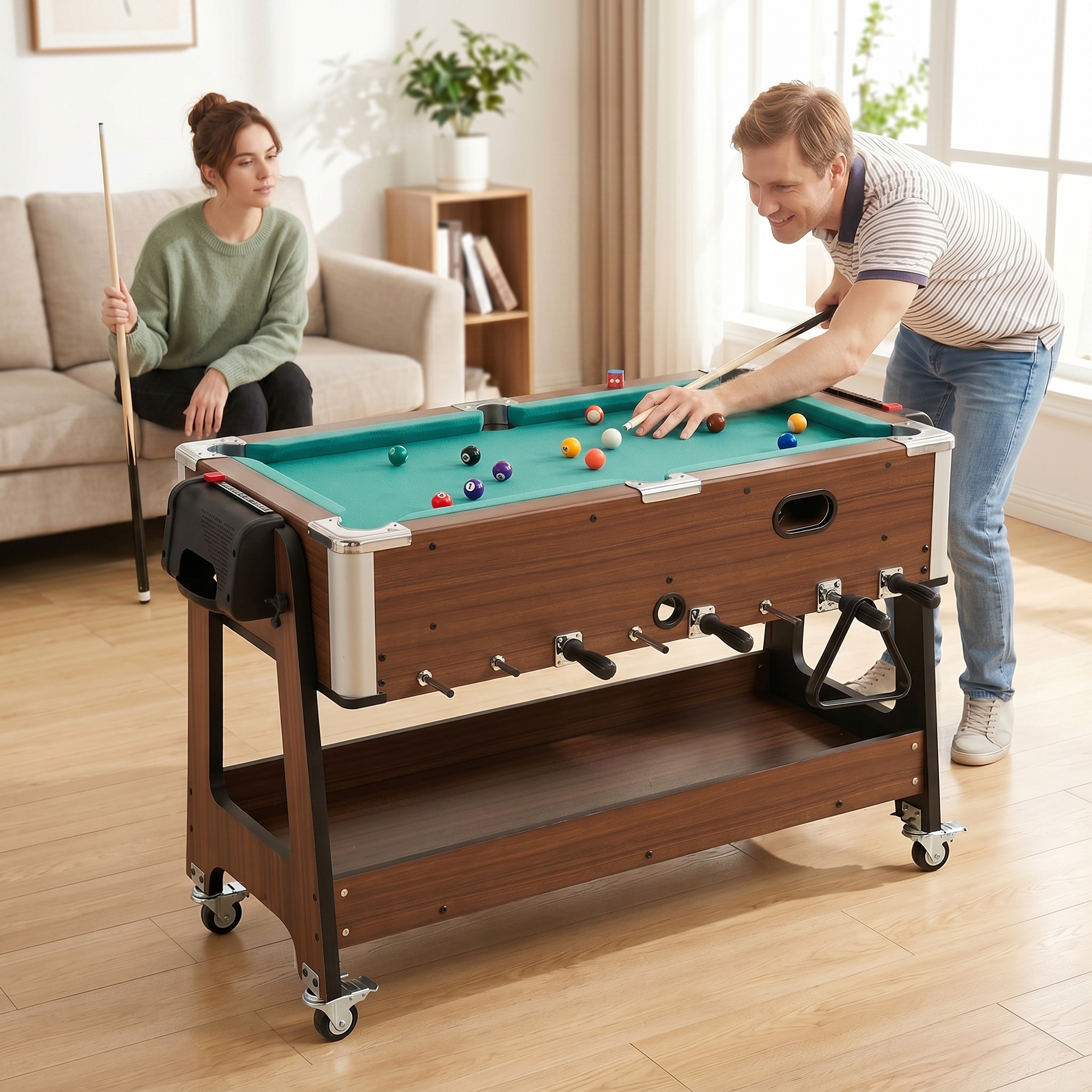 3-in-1 Multi Spieltisch drehbar Multifunktionstisch mit Billardtisch Tischfußball Airhockey Ablagefach
