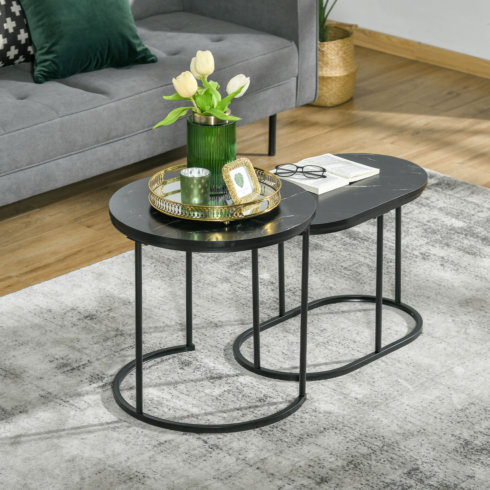 2er-Set Couchtisch, Ovaler und runder Kaffeetisch, stapelbar, Marmoroptik, MDF, Metall, Ø50 x 50,5H cm, Schwarz