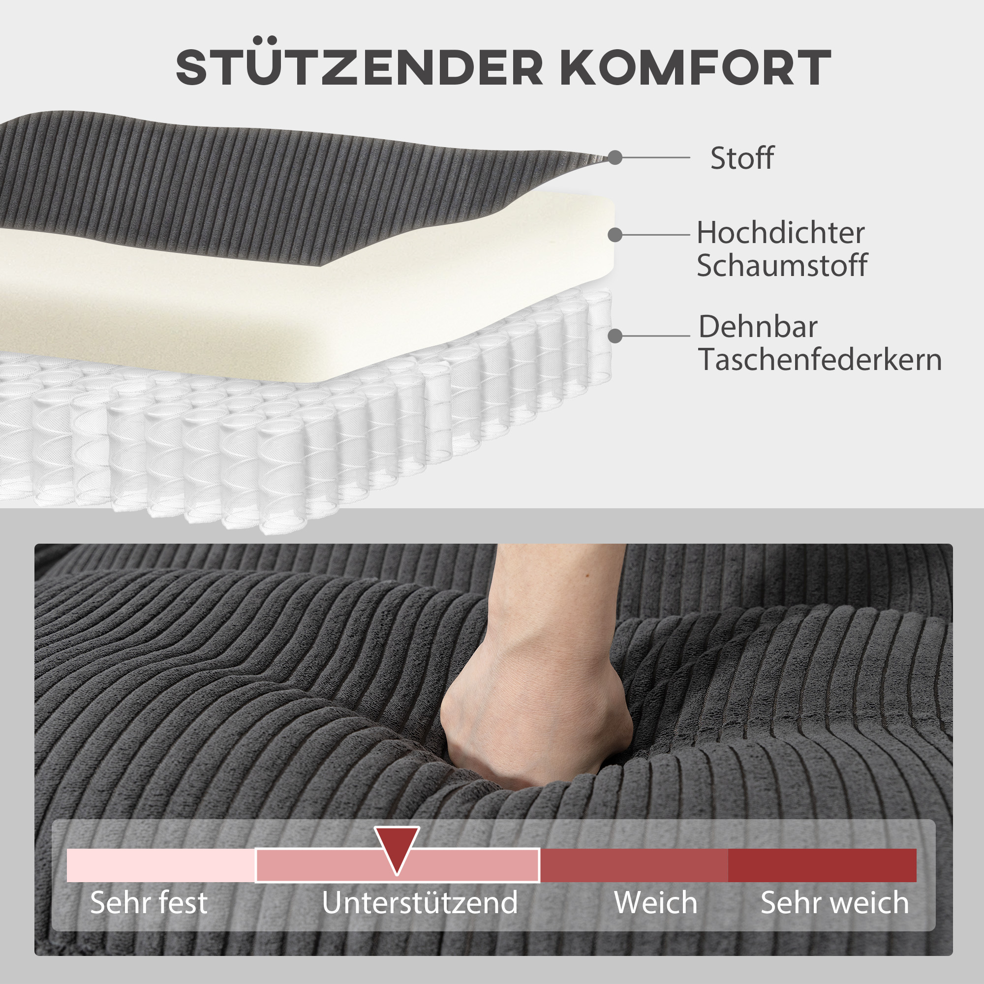 Ecksofa U-Form Sofa Couch mit Federpolsterung gepolsterte Armlehnen beweglicher Ottomane Cord 292x224x85 cm Dunkelgrau