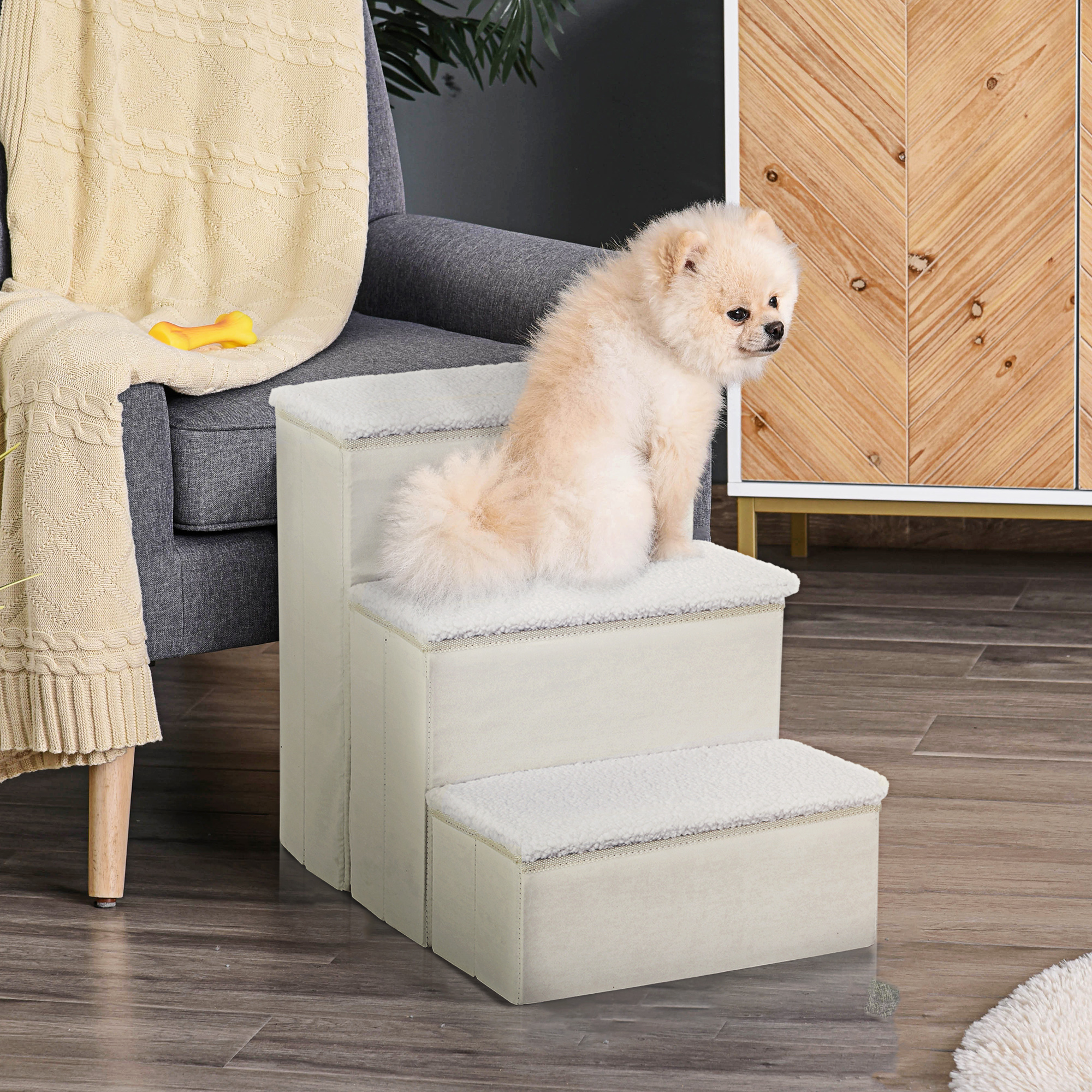 Hundetreppe 3 Stufen 48 cm Hoch Haustiertreppe für kleine und alte Tiere klappbar Katzentreppe Hunderampe Einstiegshilfe für Bett, Sofa, Couch und Auto Weiß
