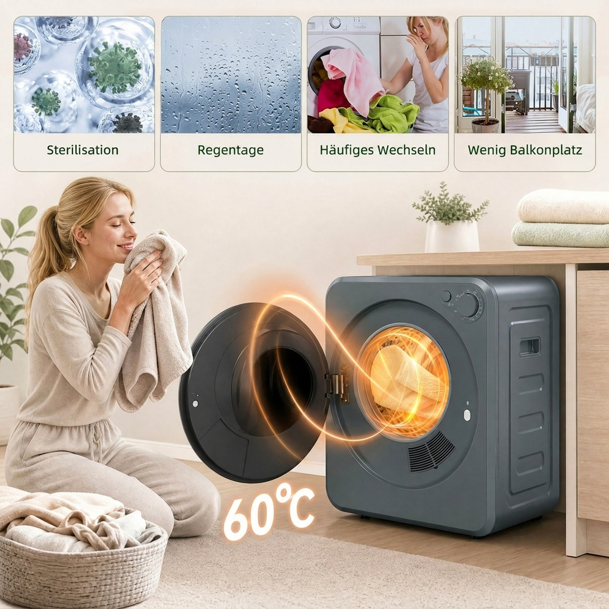 Mini Wäschetrockner 4 kg mit 5 Programme bis zu 60℃ 800W/400W Ablufttrockner mit Edelstahltrommel Grau