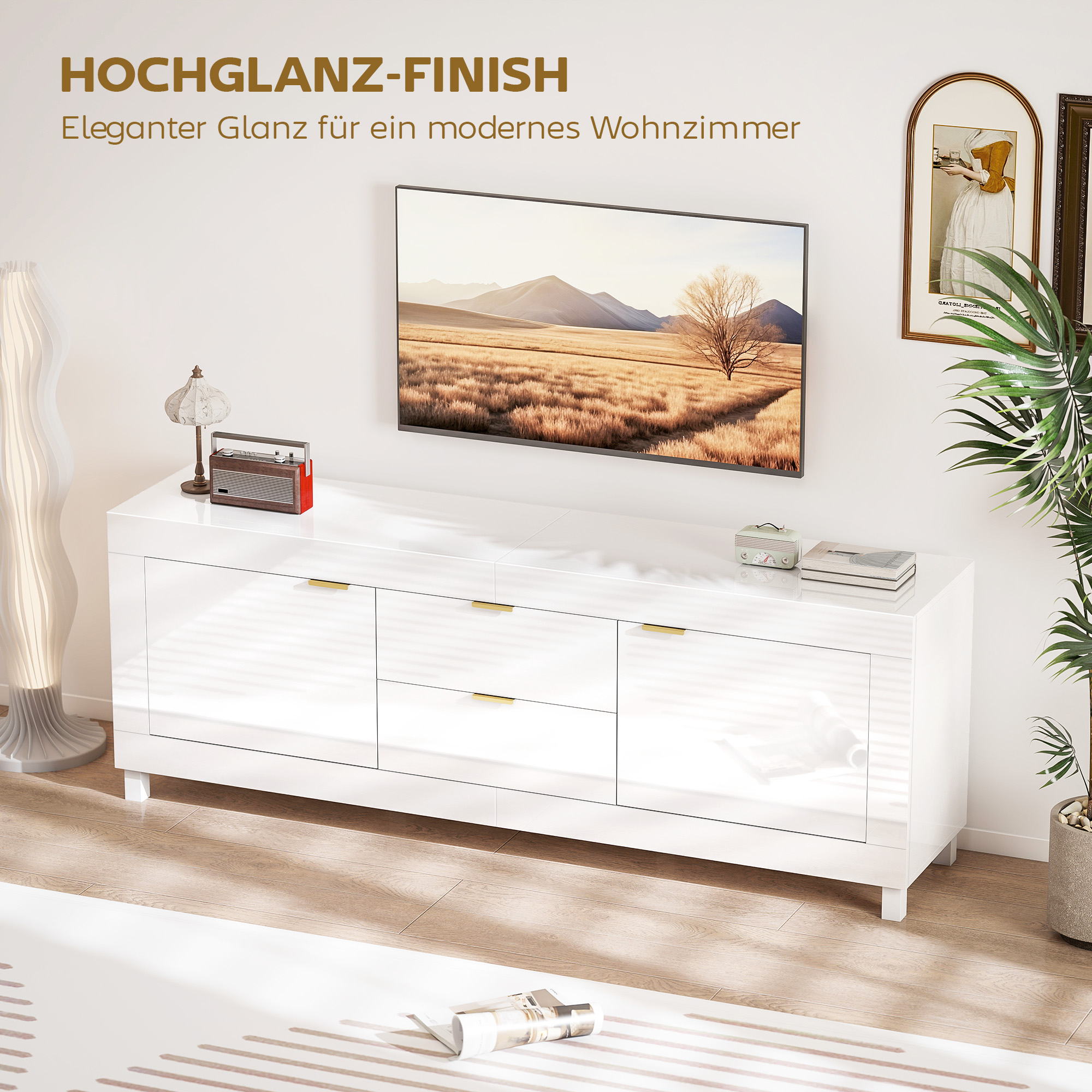 TV-Schrank für Fernseher bis zu 75 Zoll, modernes Entertainment-Center mit 2 Schränken und 2 Schubladen, Hochglanz Weiß