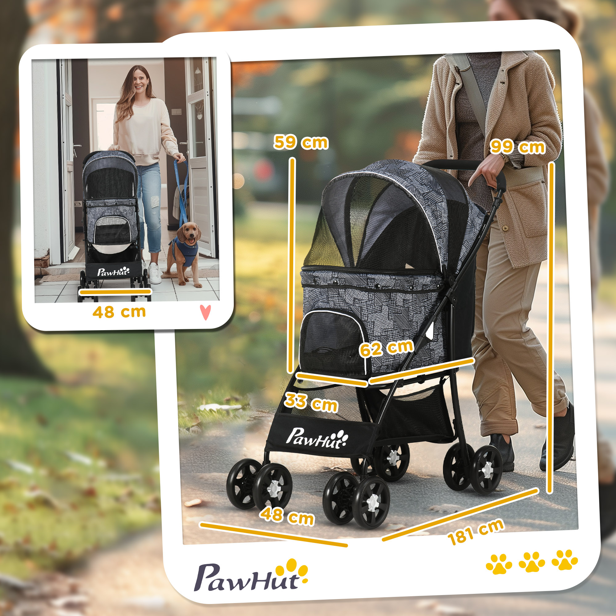 Hundebuggy Hundewagen bis 10kg klappbar verstellbares Vordach Bodenkorb Kissen Seitentasche 81 cm x 48 cm x 99 cm Grau