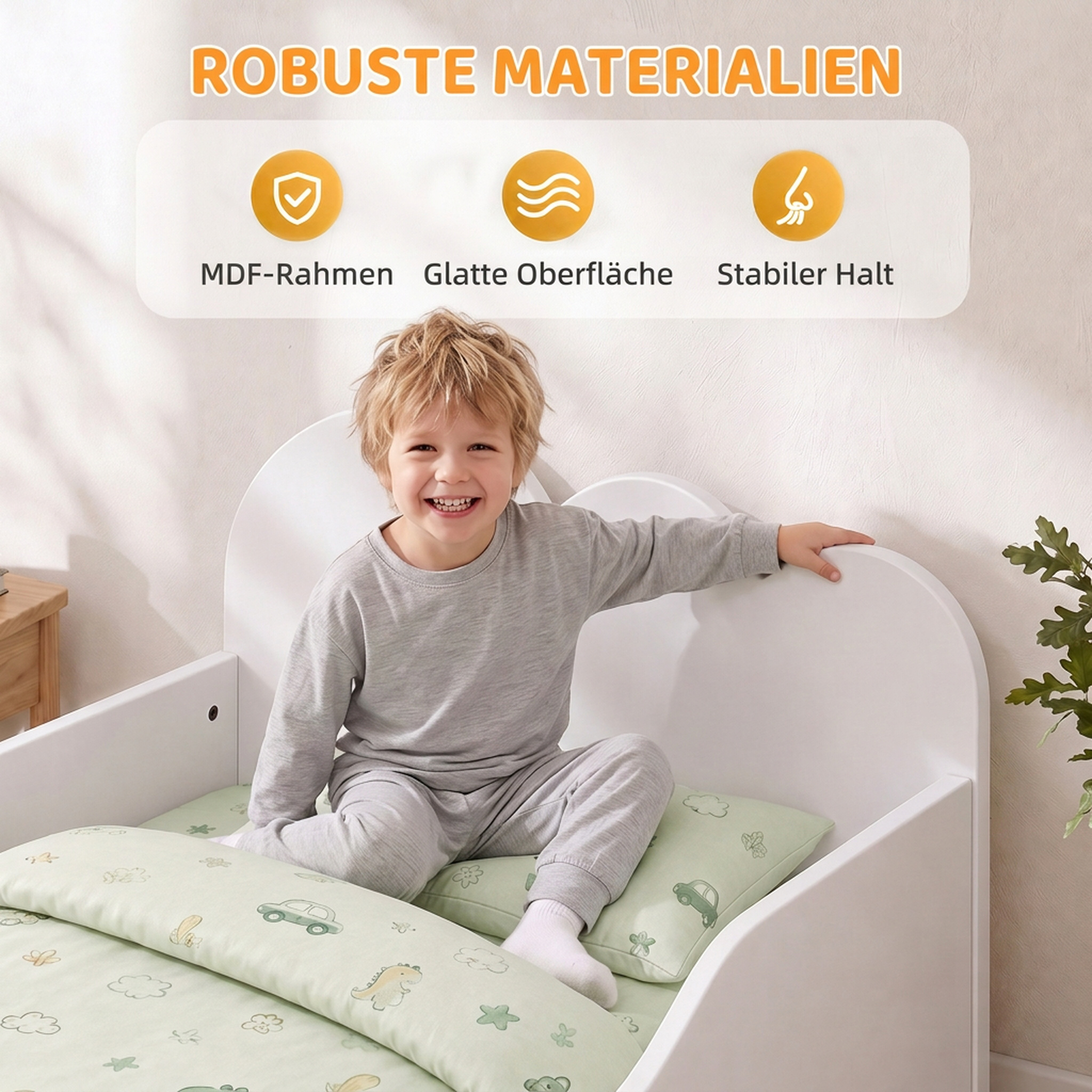Kinderbett 140 x 70 cm Kleinkindbett mit Rausfallschutz, Lattenrost, Wolken-Design 3-8 Jahre, ohne Matratze, Weiß