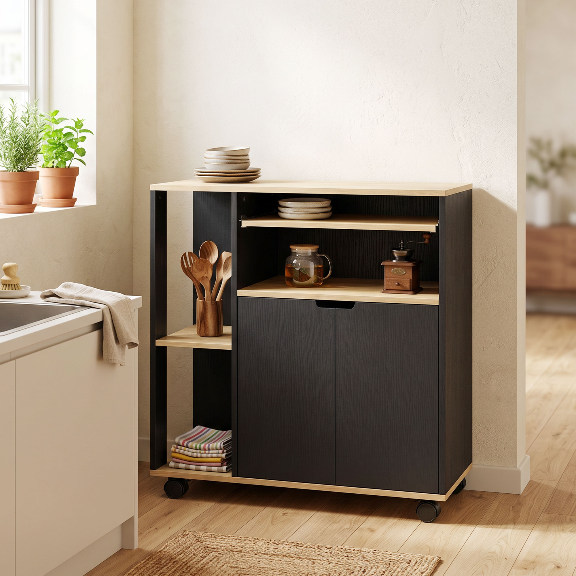 rollender Küchenwagen mit Stauraum, Schrank, verstellbare Regale, für Küche, Wohnzimmer, Esszimmer, Schwarz