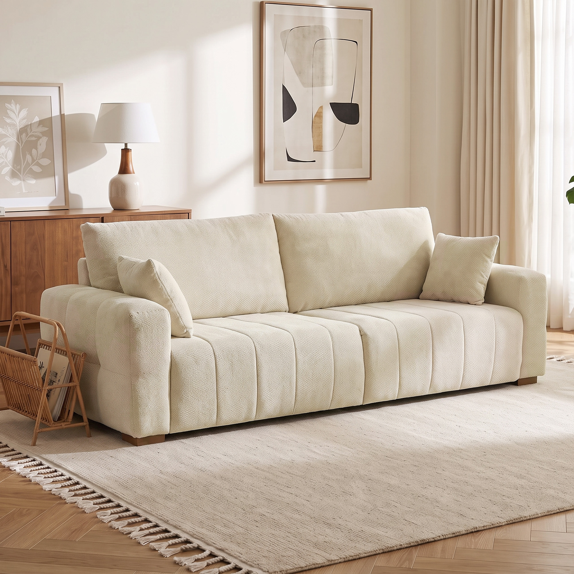 3-Sitzer Sofa mit bodentiefen Armlehnen gepolsterte Wohnzimmercouch Holzbeine Cremeweiß