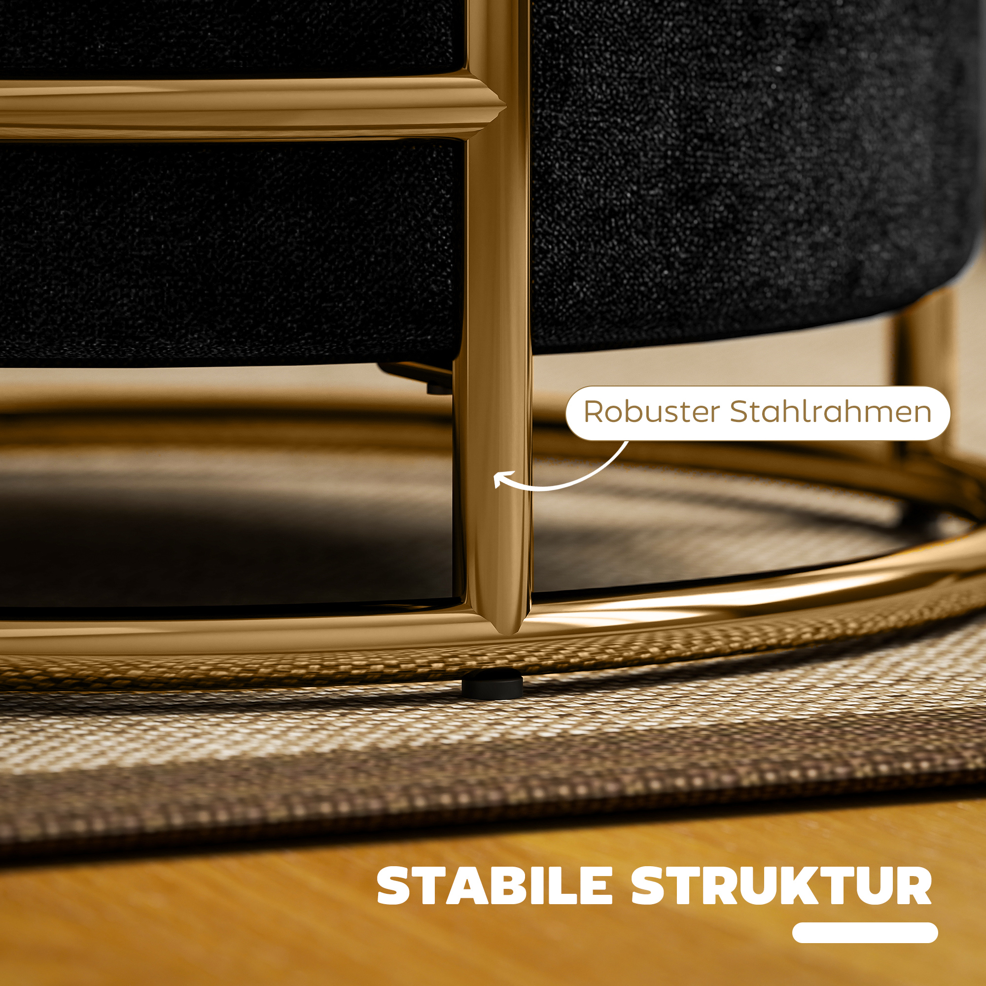 Sitzhocker mit Stauraum, gepolsterter Fußhocker, Metallrahmen, vergoldet, Schwarz